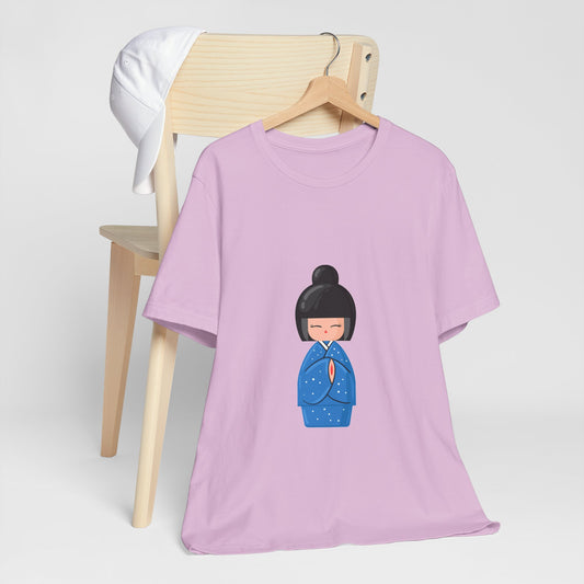 Lavender Geisha Blue T-Shirt draped on chair with printed geisha illustration