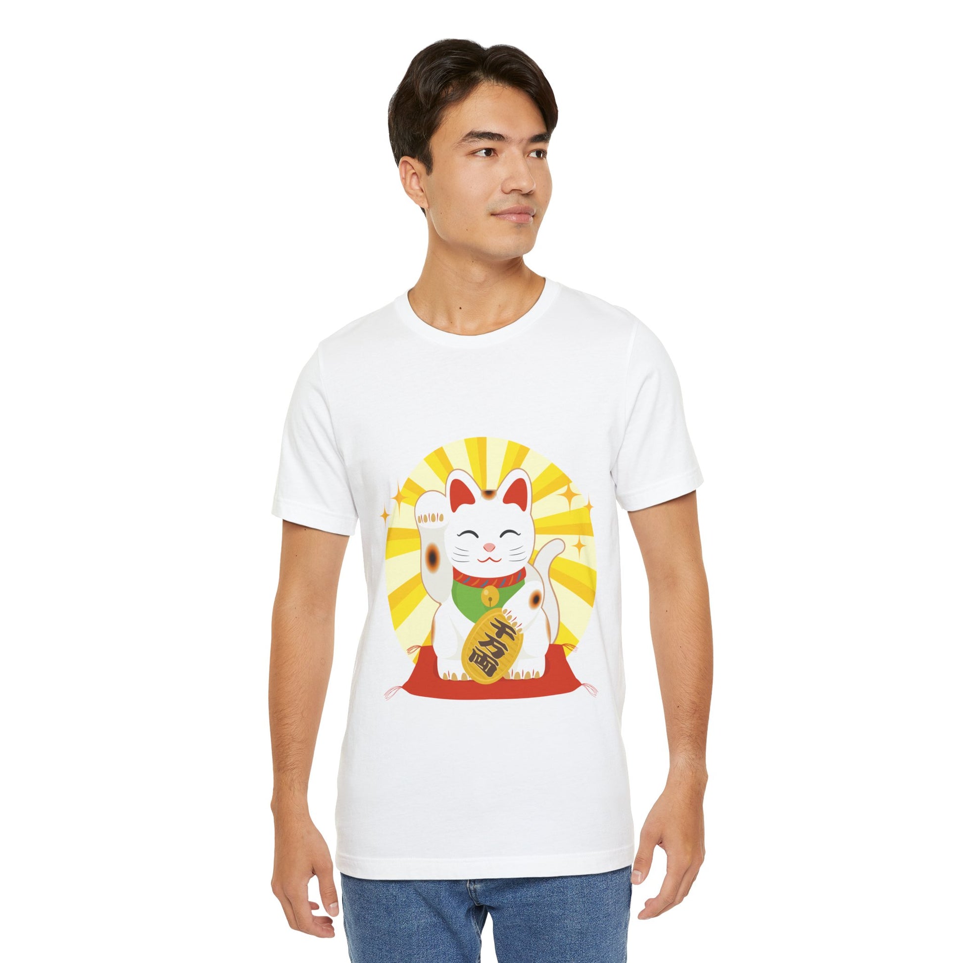 Man wearing a white t-shirt with a graphic design of a cat and sun on a white background