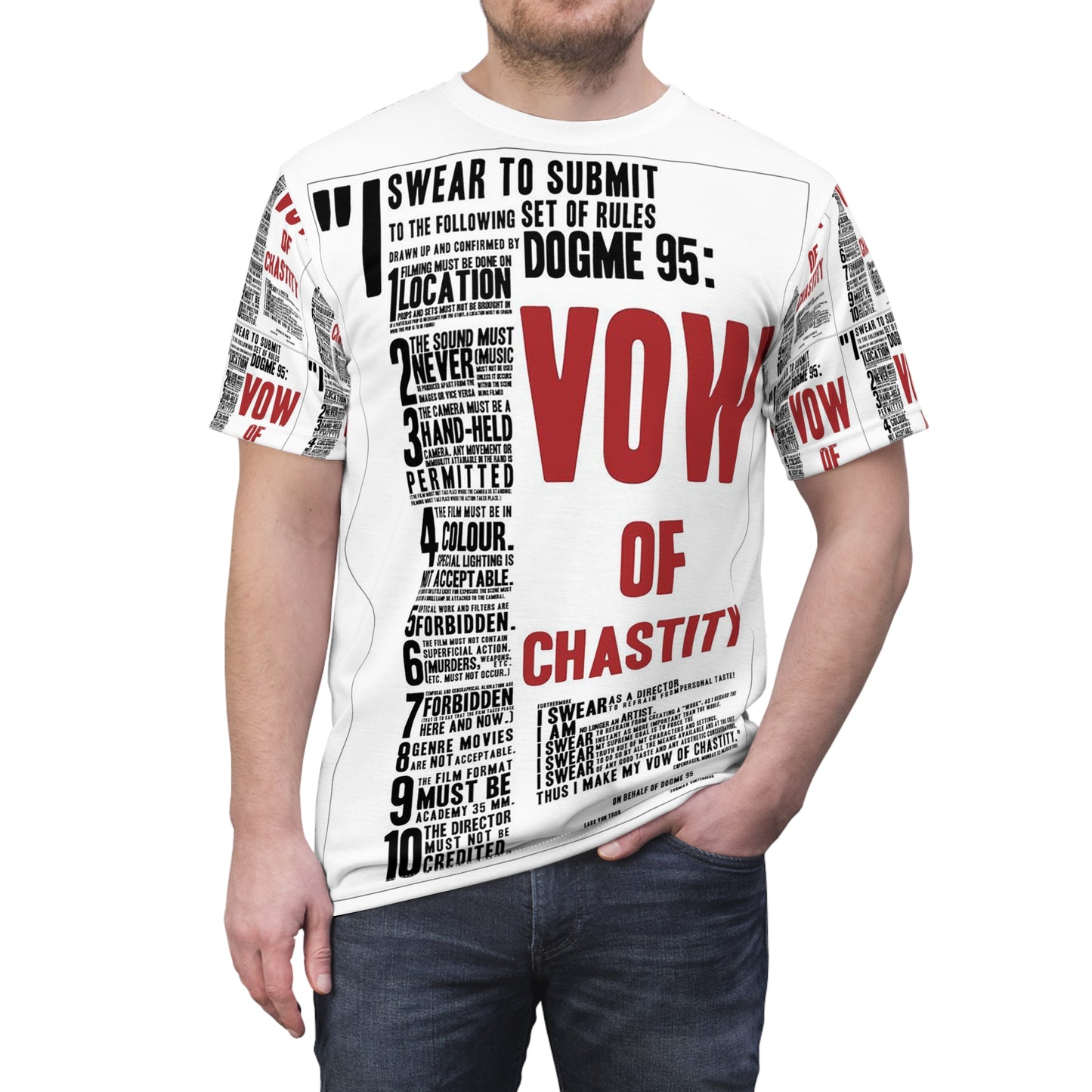 Front view of Dogma 95 Unisex T-shirt featuring the bold red Vow of Chastity text and original manifesto design printed across the chest.