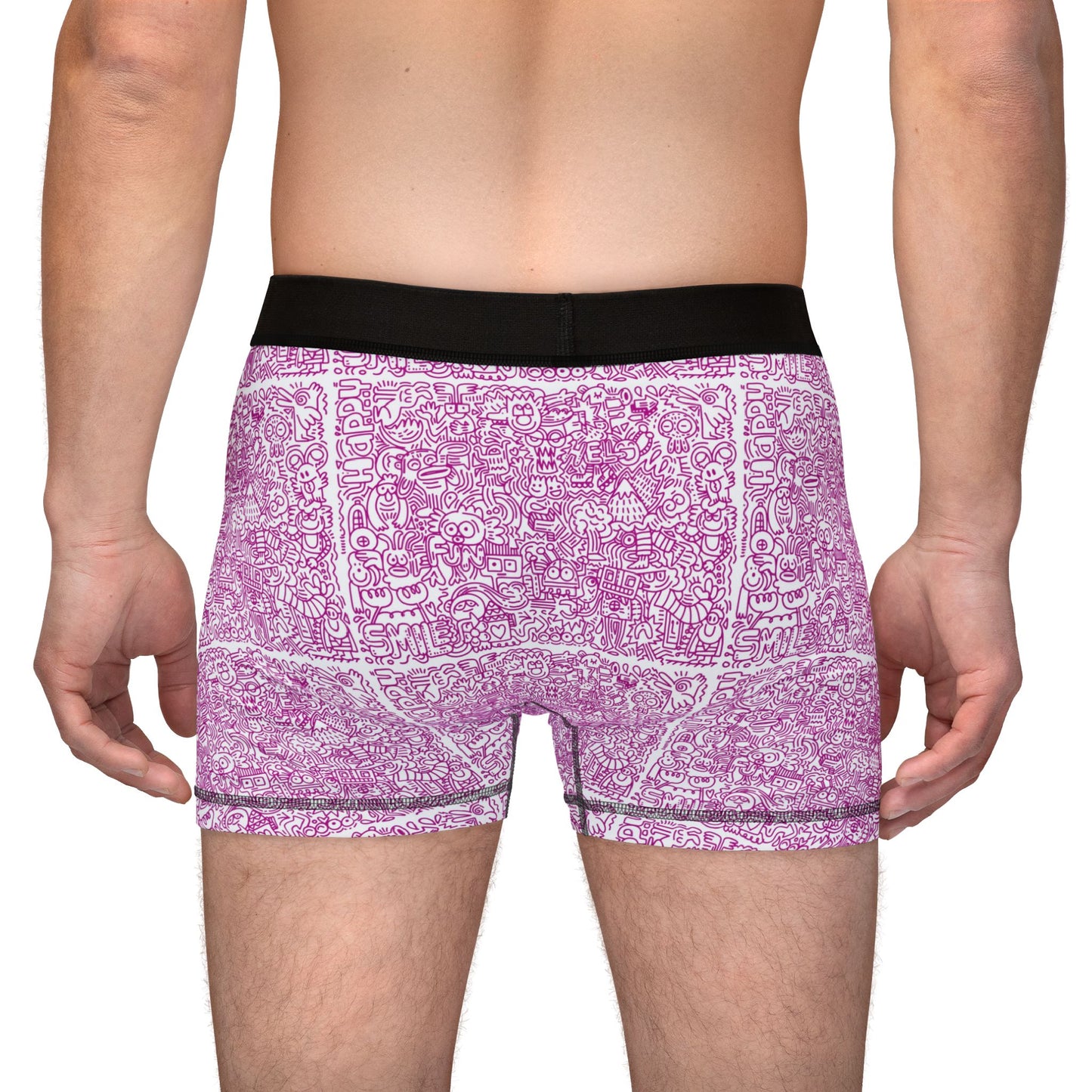 Male model back view of Doodle Men’s Boxers showcasing full doodle pattern design