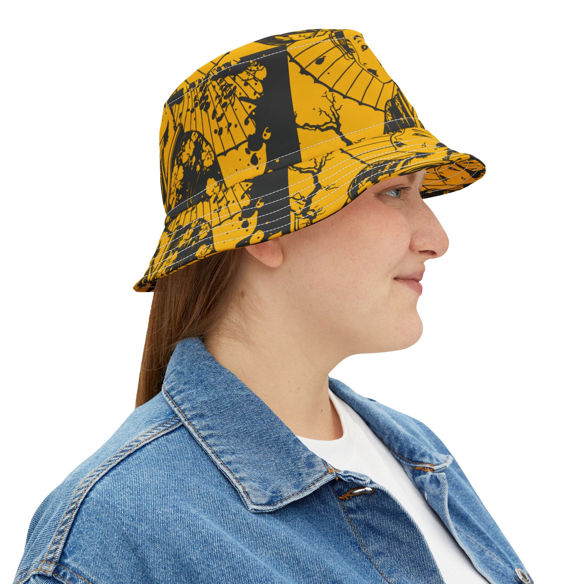 Side profile view of Geisha Bucket Hat on a woman