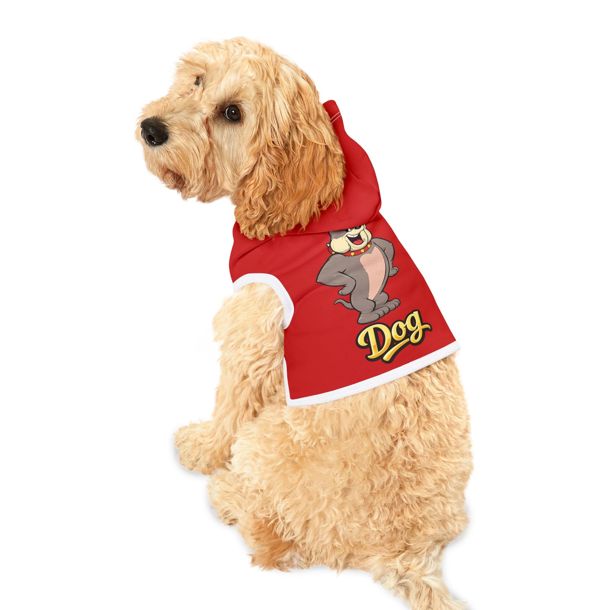 Side profile of dog outdoors wearing red graphic pet hoodie

