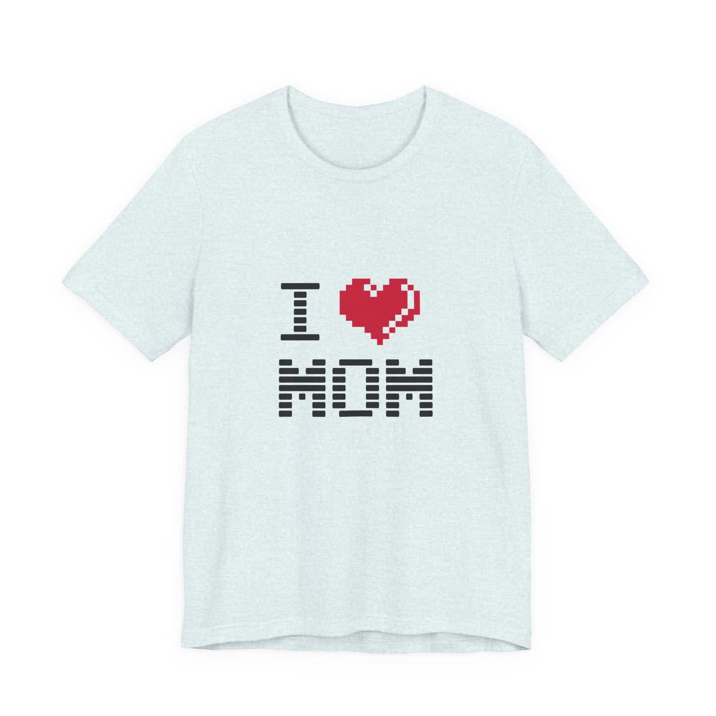 White t-shirt with 'I ❤️ MOM' text design on a white background