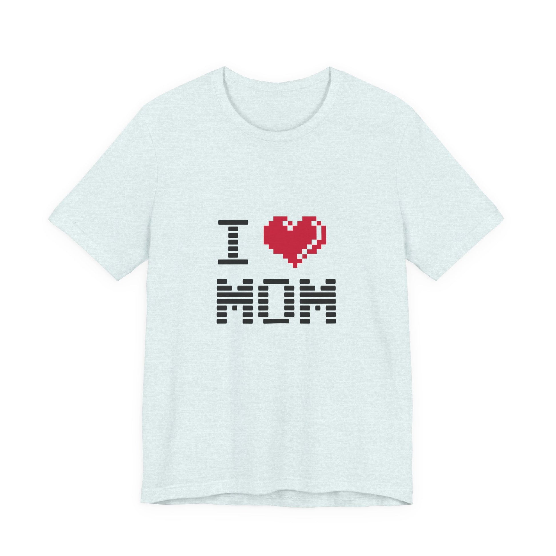 White t-shirt with 'I ❤️ MOM' text design on a white background