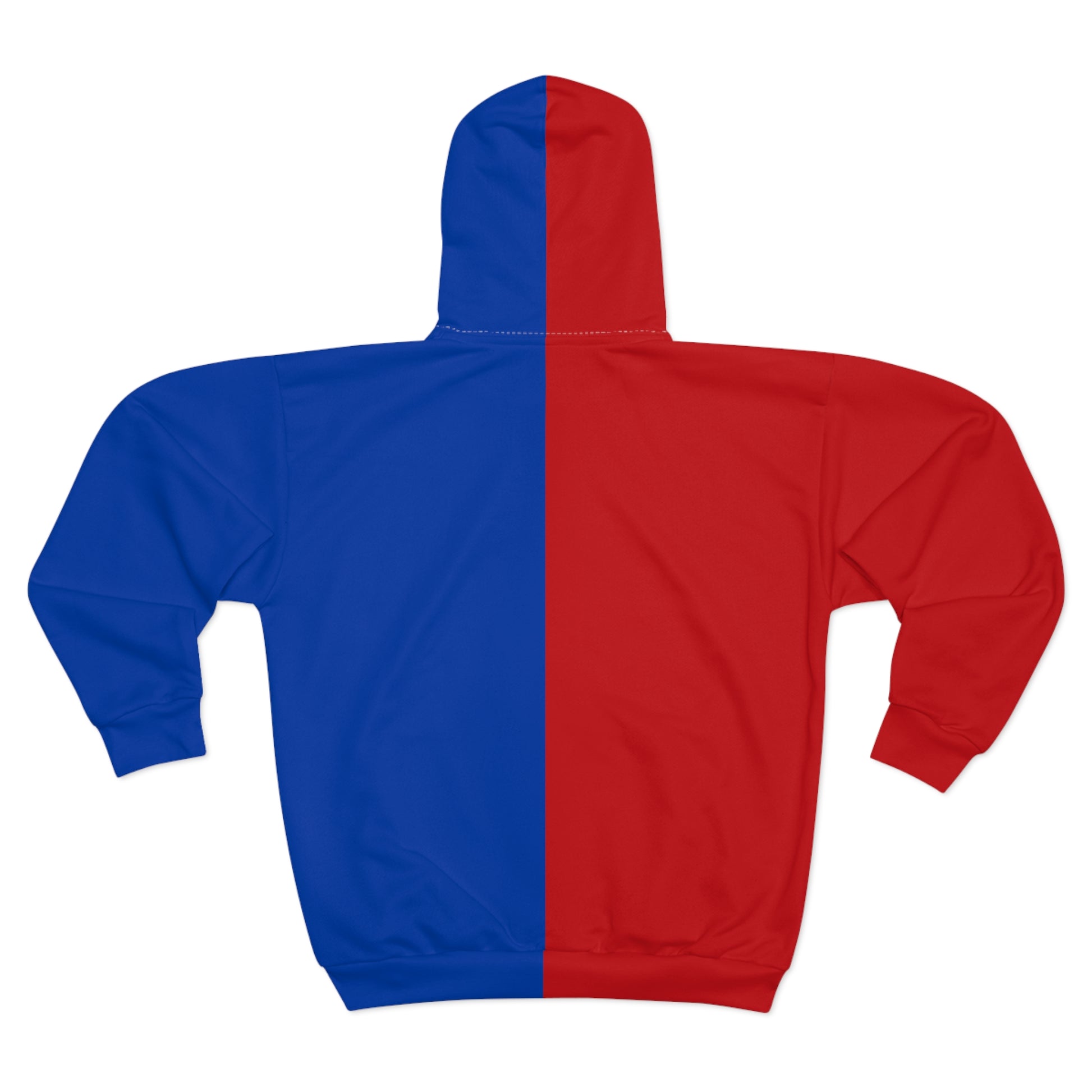 Back view of red and blue half and half hoodie