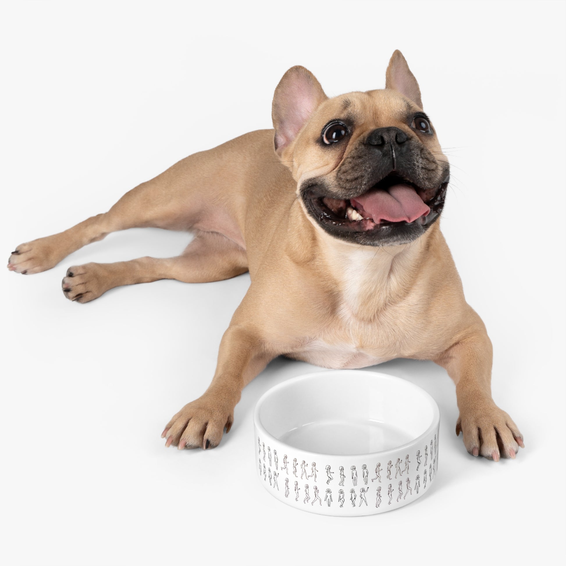 French Bulldog lying down beside the white ceramic Running Out Pet Bowl with original artwork.
