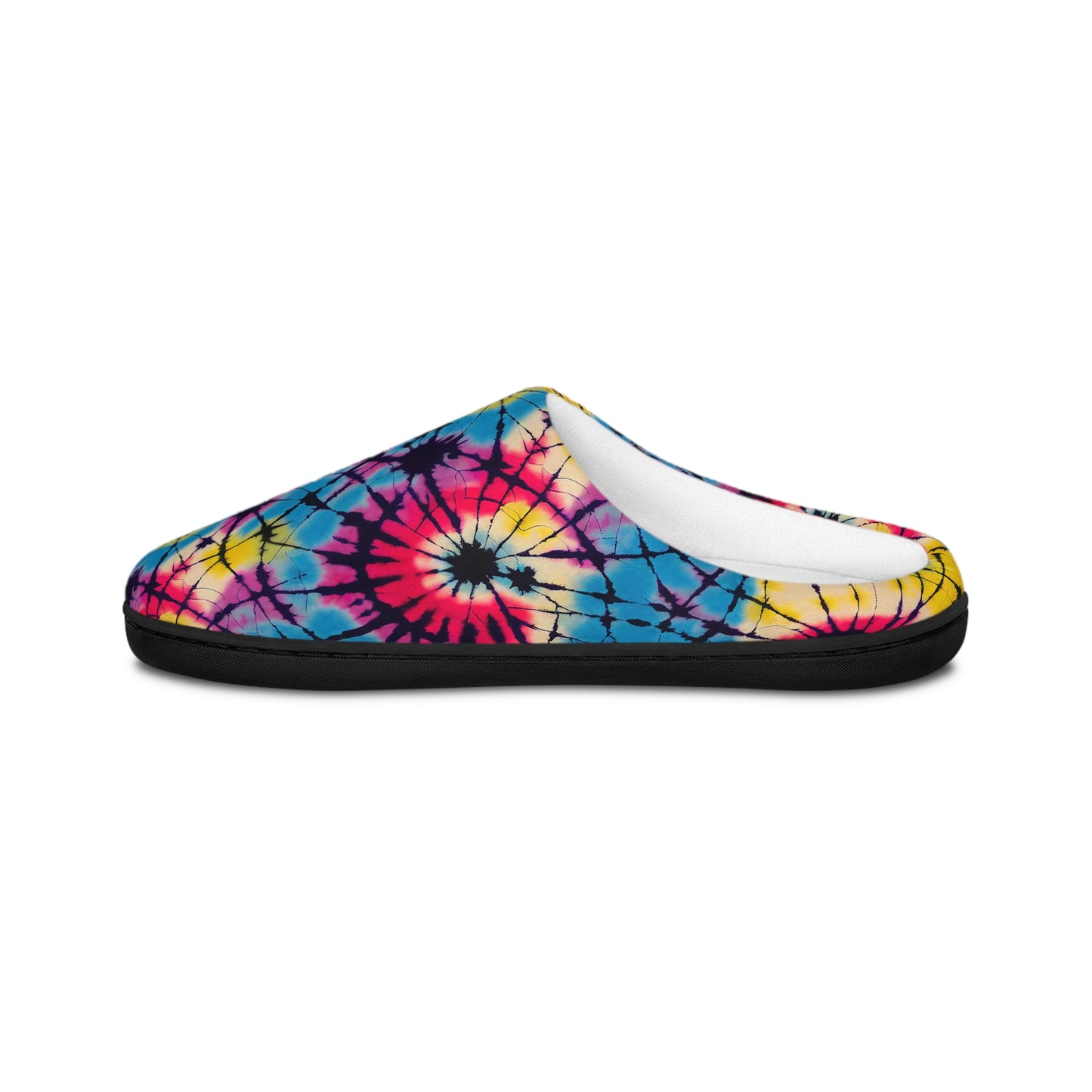 Alternate side view of Men’s Tie-Dye Cozy Slippers showing the curved shape, soft lining, and bold tie-dye colors across the fabric.