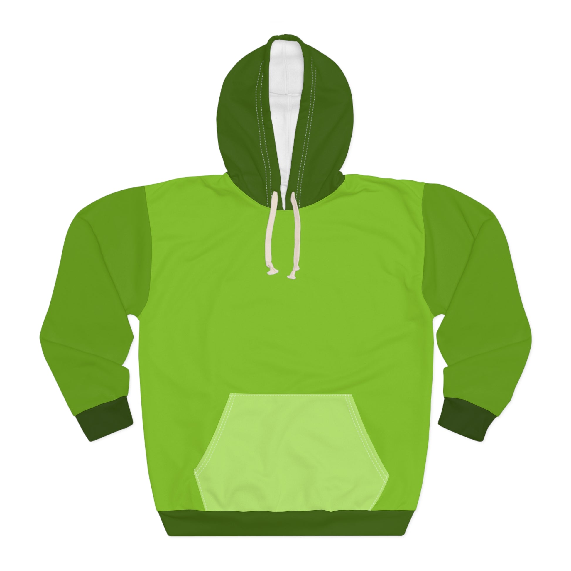 Avocado Unisex Hoodie front view showing fresh green color block design with white drawstring hood and spacious kangaroo pocket