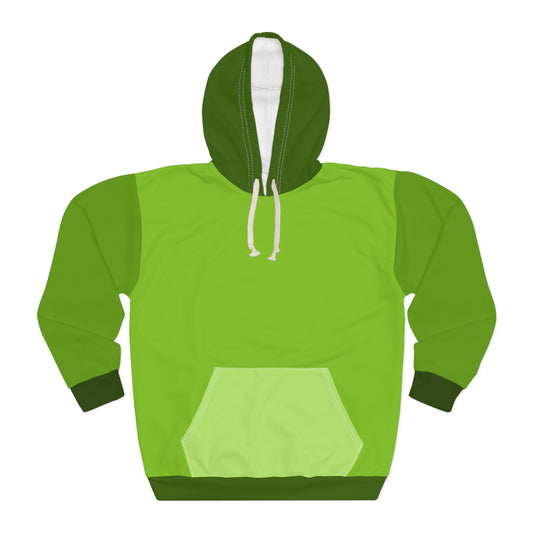 Avocado Unisex Hoodie front view showing fresh green color block design with white drawstring hood and spacious kangaroo pocket