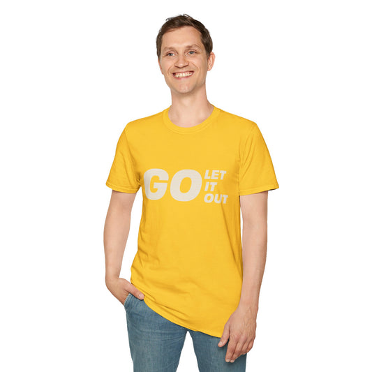 Person wearing yellow Oasis Go Let It Out T-shirt, standing with hands in pockets