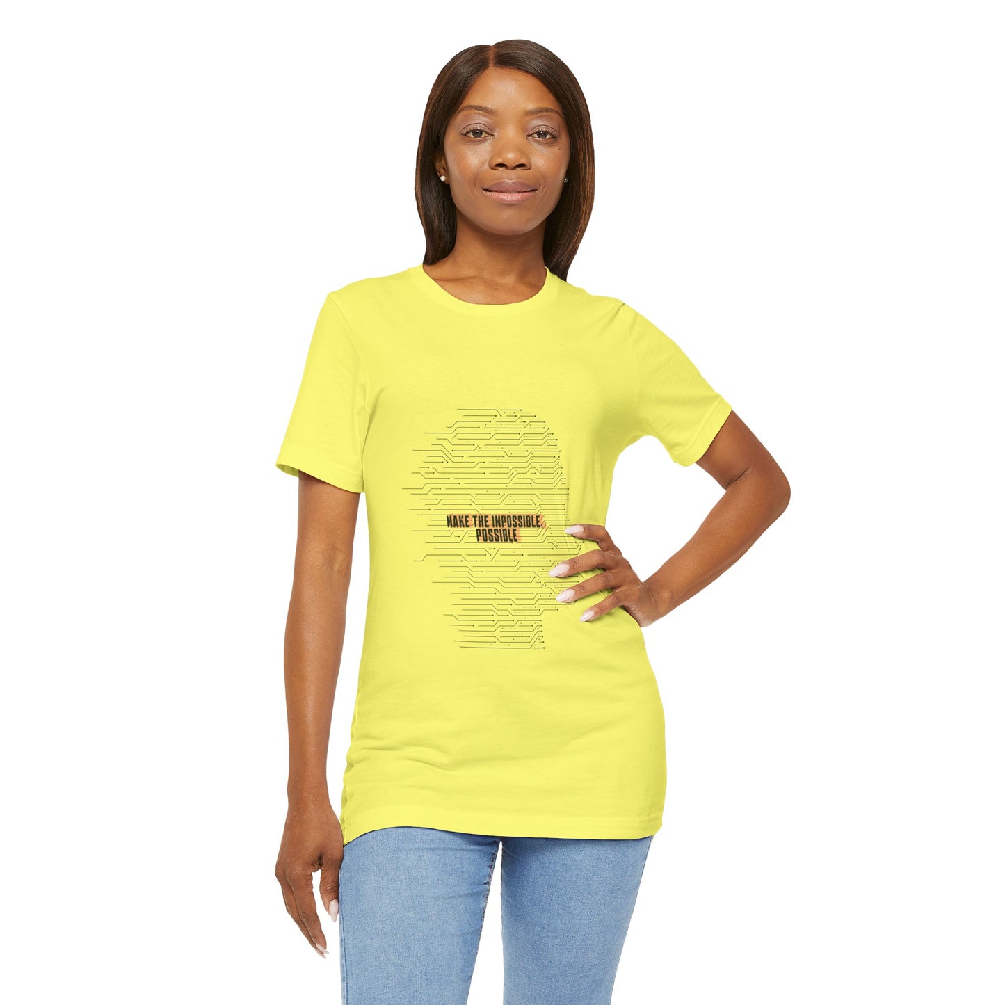 Woman wearing yellow Make It Possible T-Shirt with motivational message.