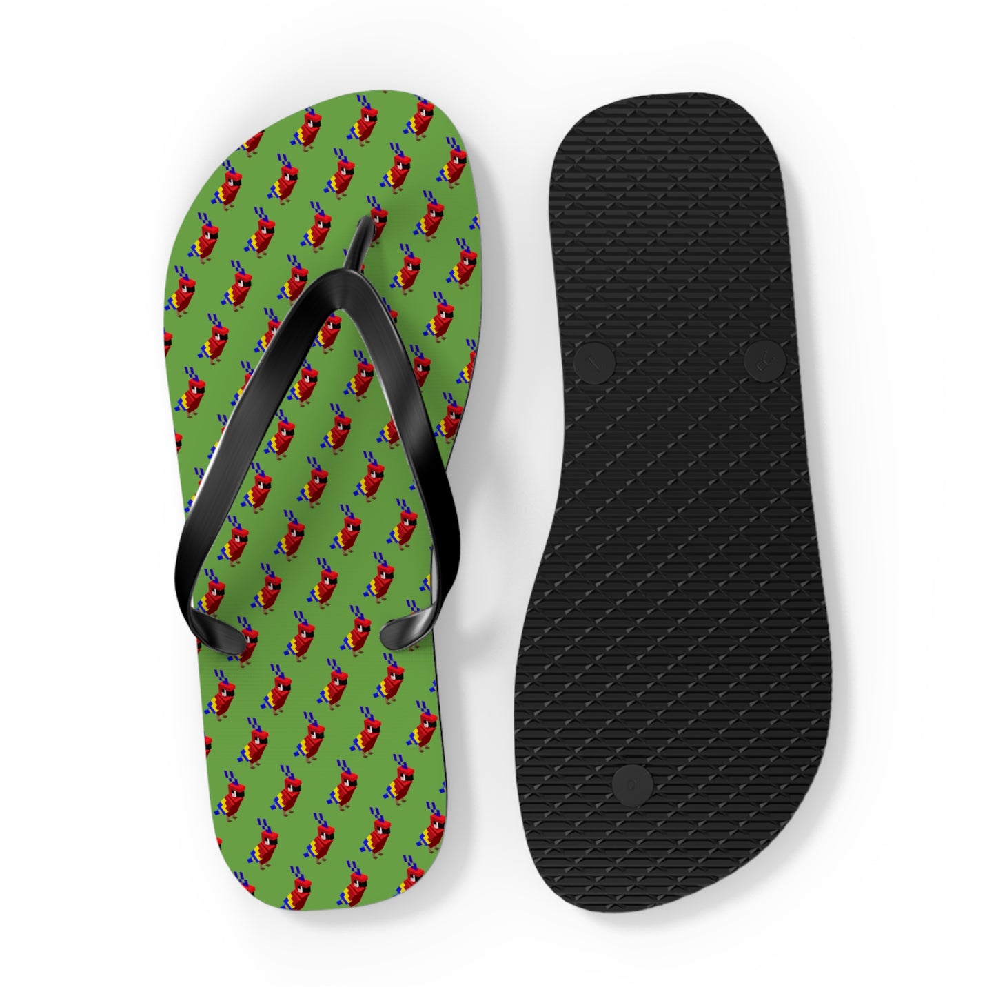 Bottom and top view of pixel parrot flip flops showing sole and pattern