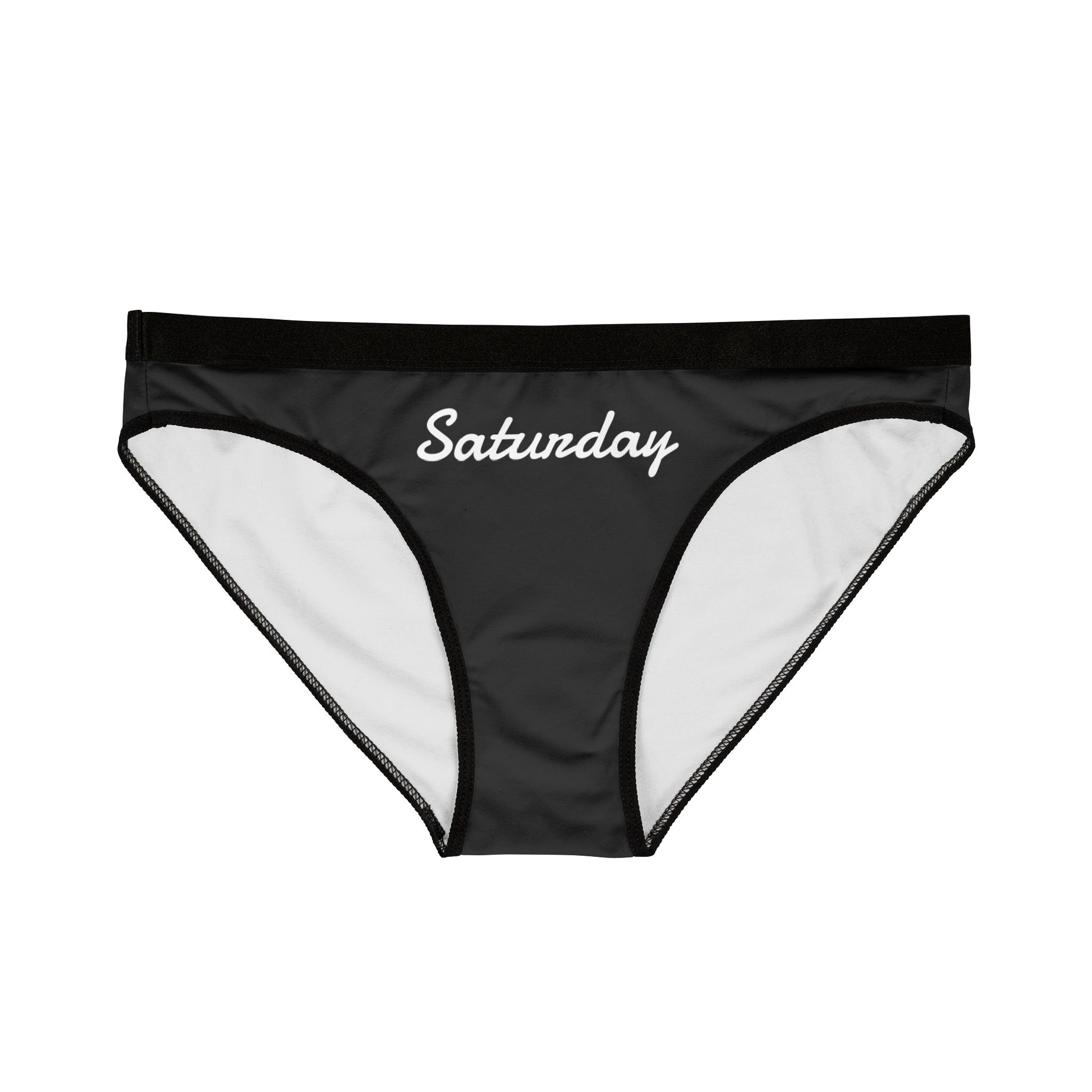 Black underwear with 'Saturday' text on a white background