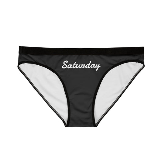 Black underwear with 'Saturday' text on a white background