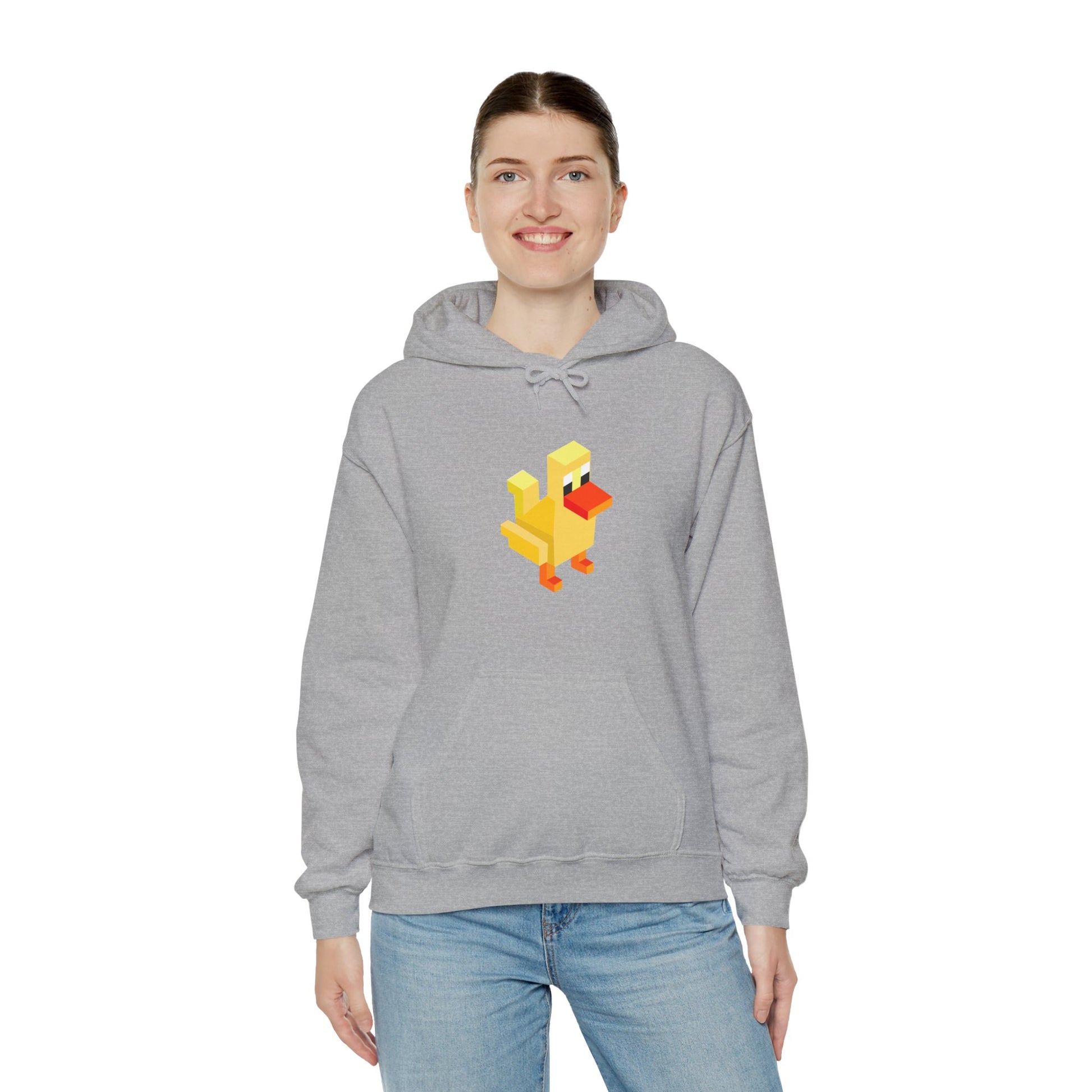Woman wearing grey pixel duck hoodie, minimalist gamer streetwear retro gaming hoodie