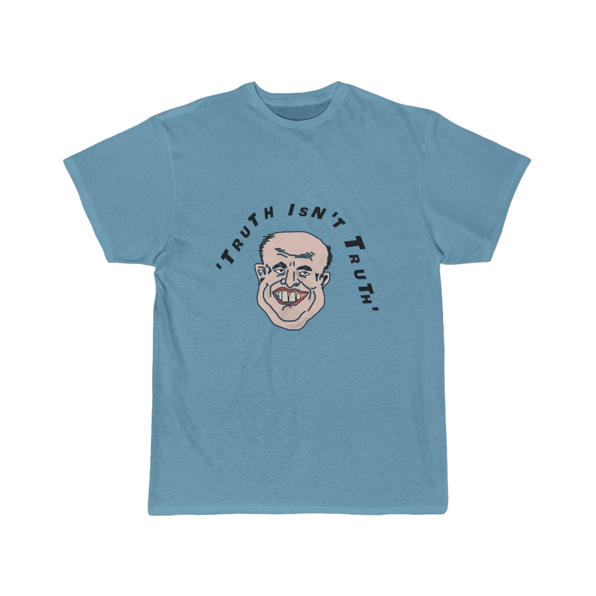 Blue t-shirt with a graphic and text 'TRUTH ISN'T TRUTH' on a white background