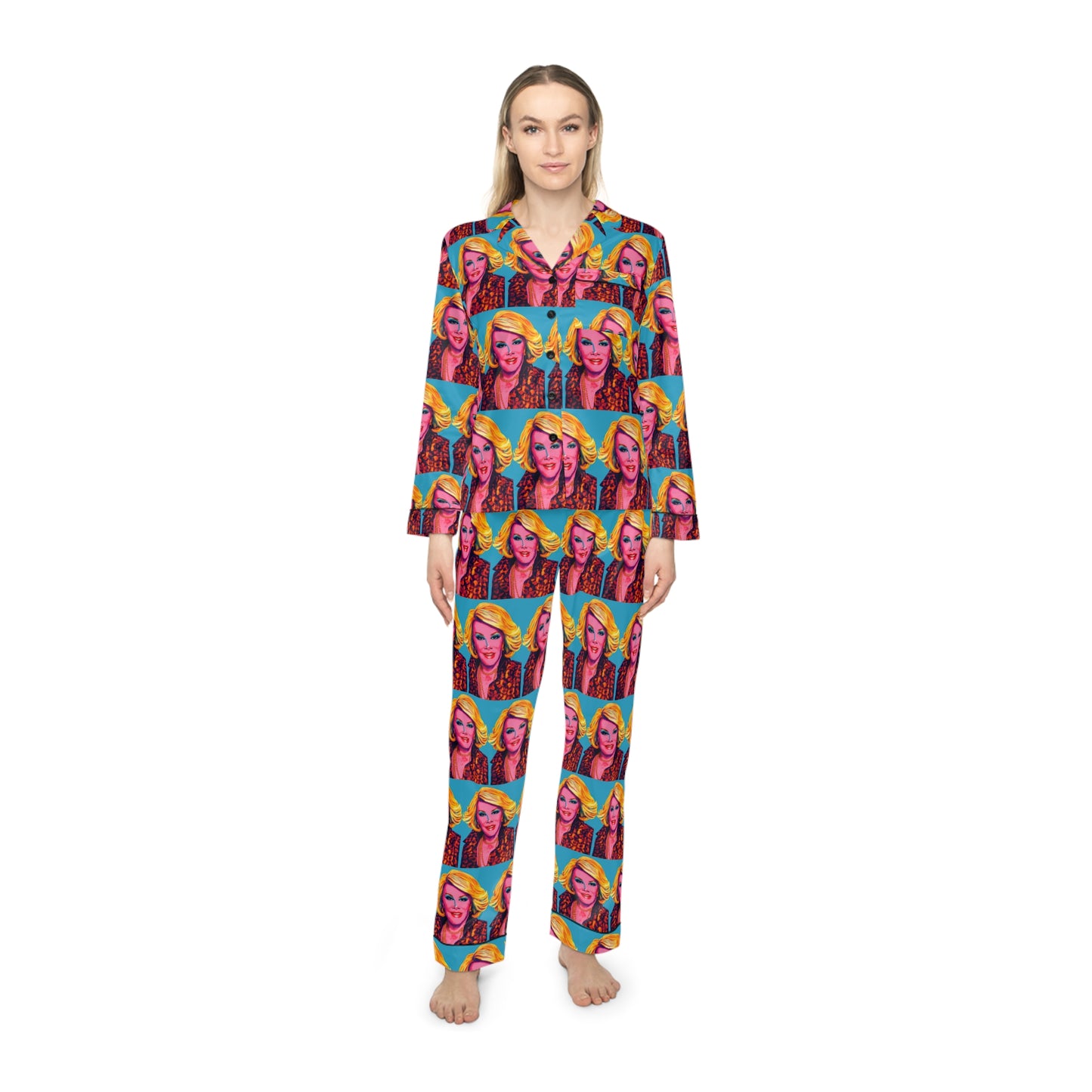 Full length front view of woman wearing Joan Fashion Police satin pajama set with graphic pop art print and matching pants.
