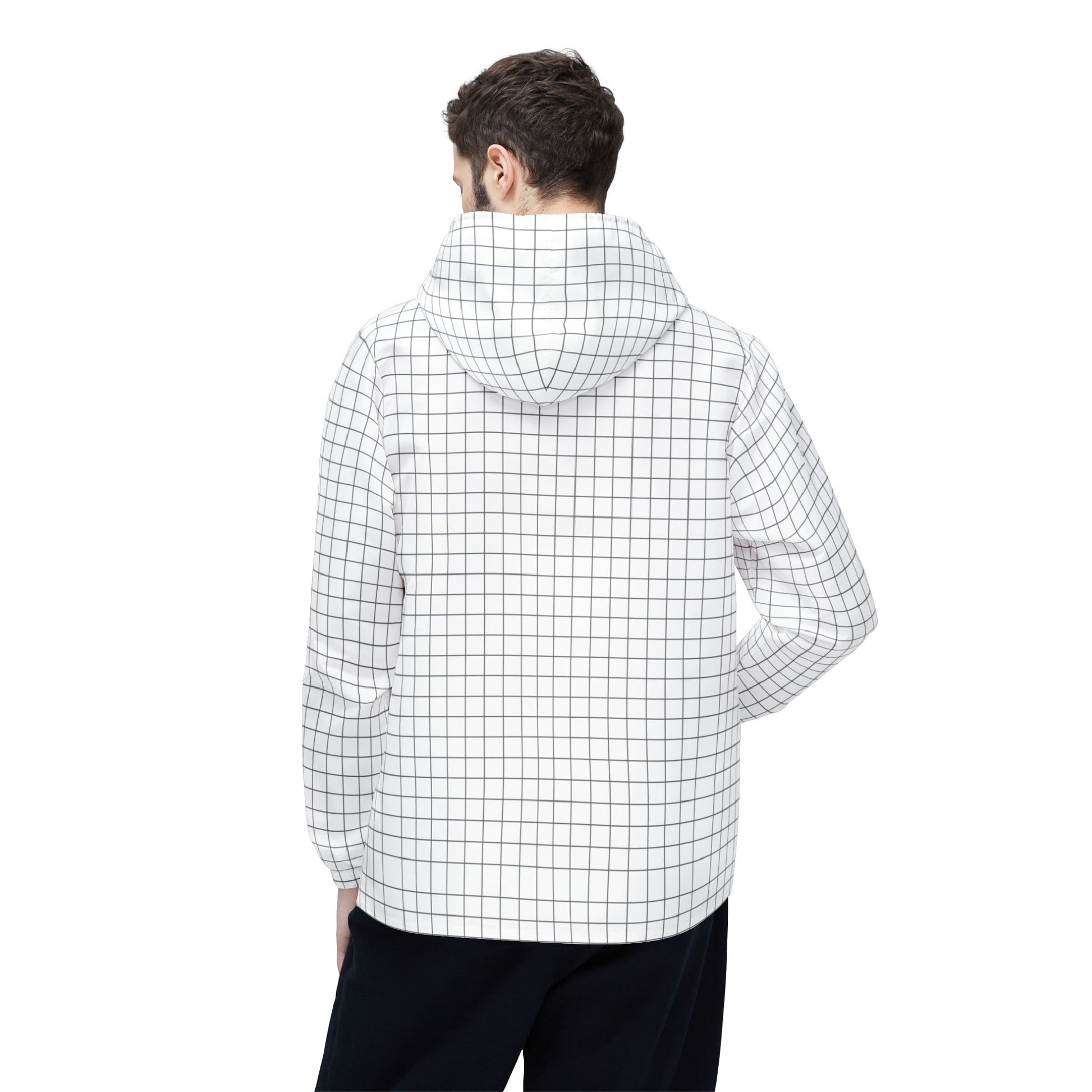 Male model side view wearing black-and-white Grid Windbreaker Jacket.