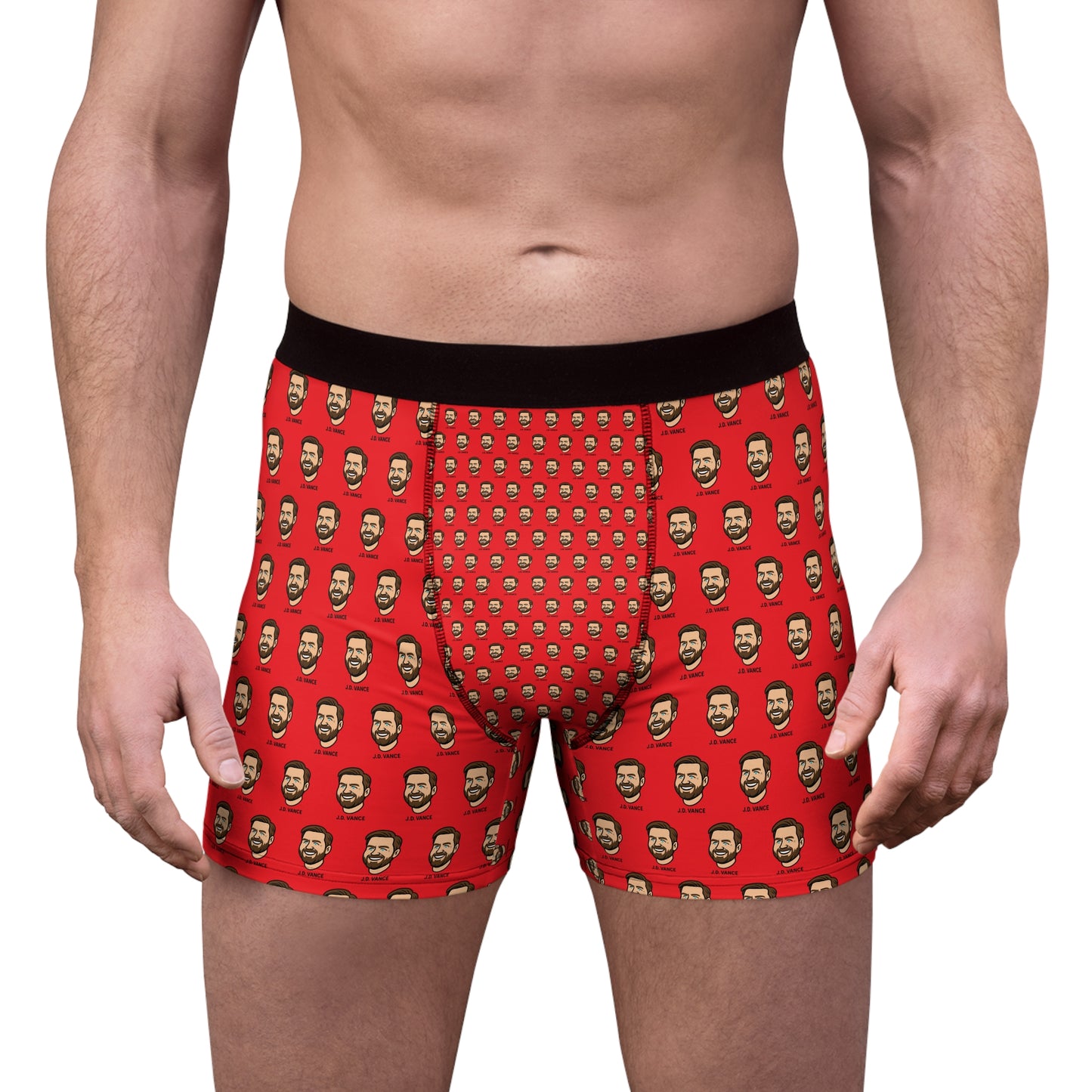 Male model wearing JD Vance boxer briefs with all-over face print front view