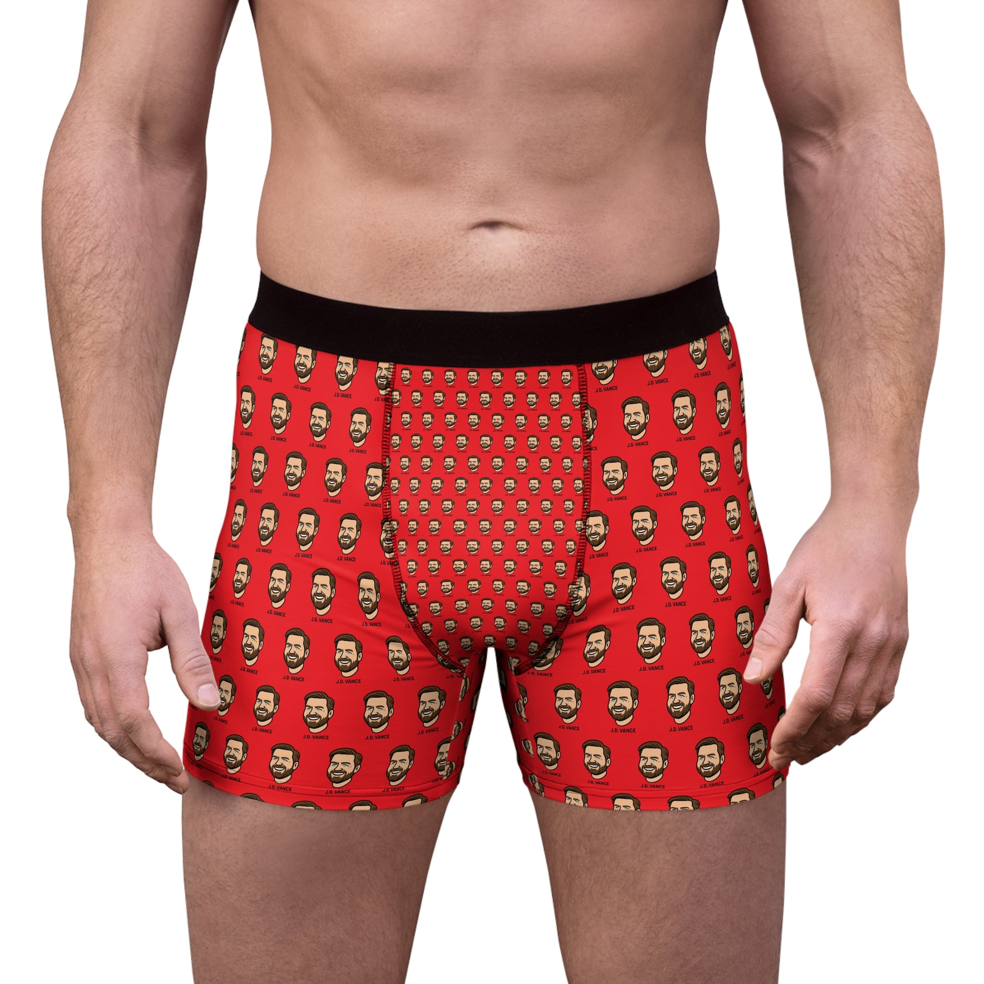 Male model wearing JD Vance boxer briefs with all-over face print front view
