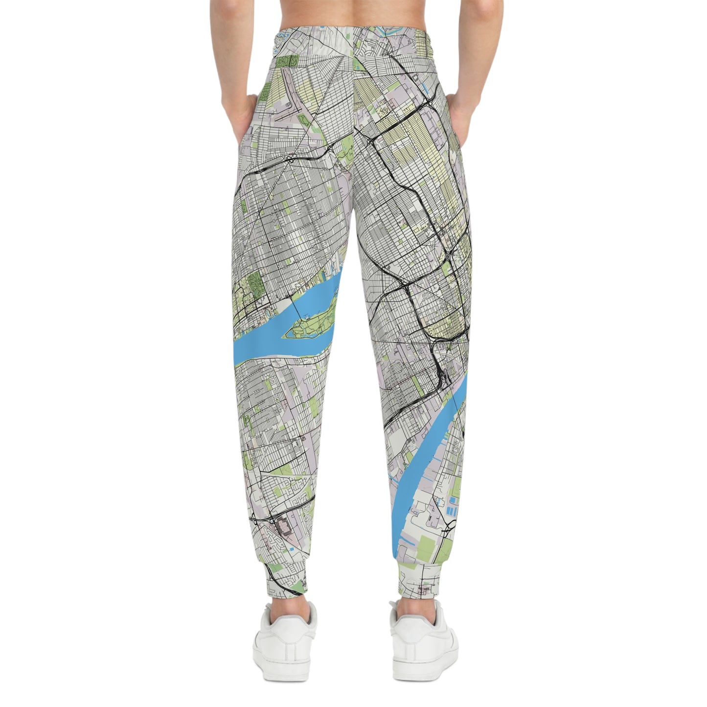 Back view of Detroit Joggers on female model highlighting map pattern placement