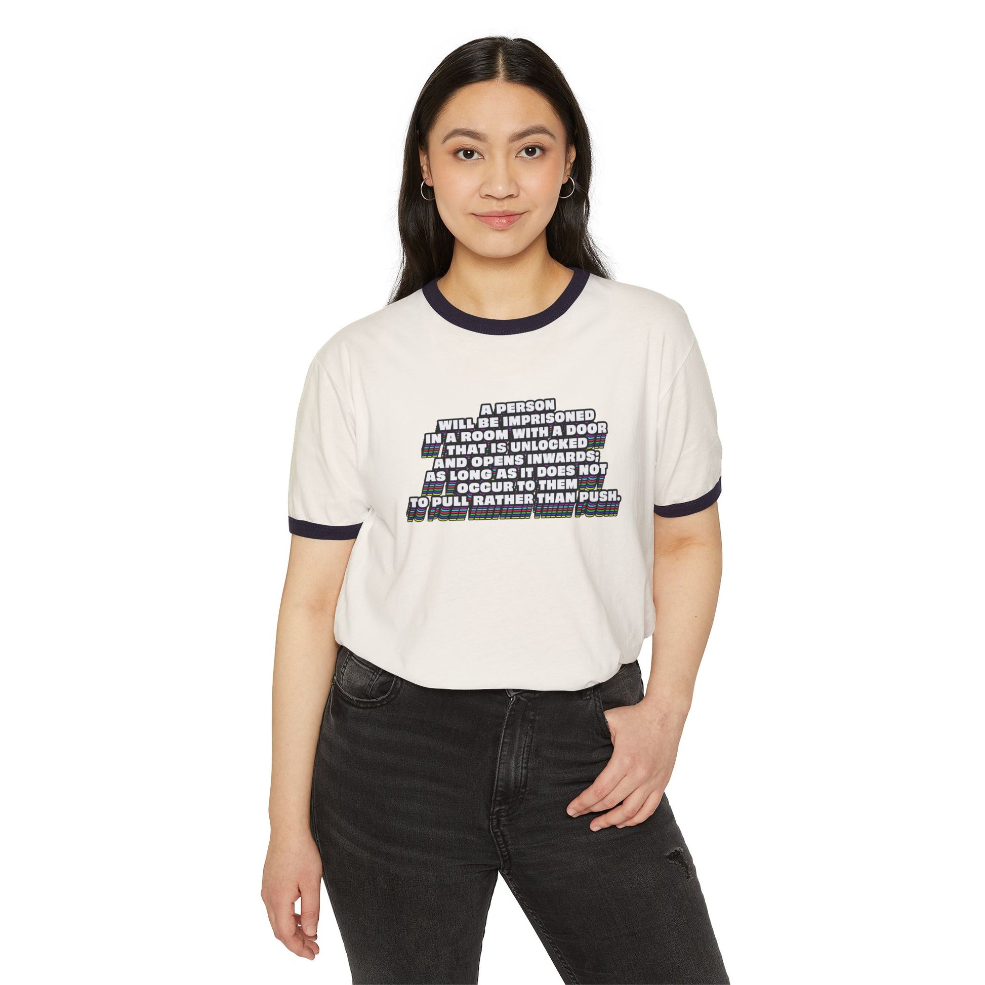 Woman wearing white Clever Quote Unisex T-Shirt with black collar front view