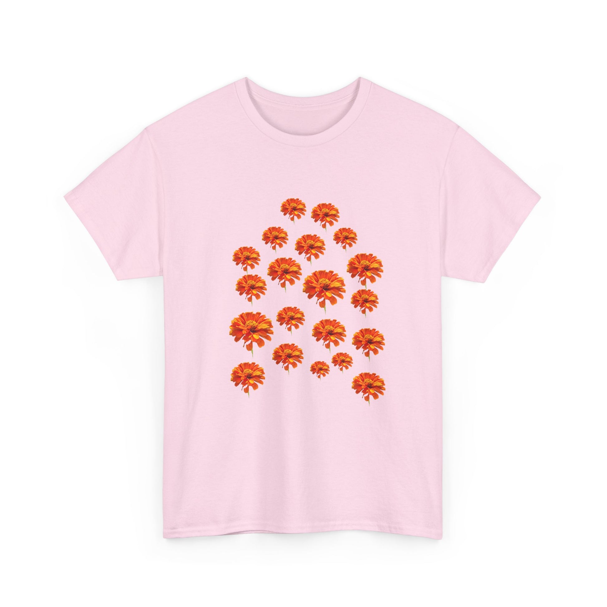 Pink Zinnia T-Shirt with orange flower design flat lay front view