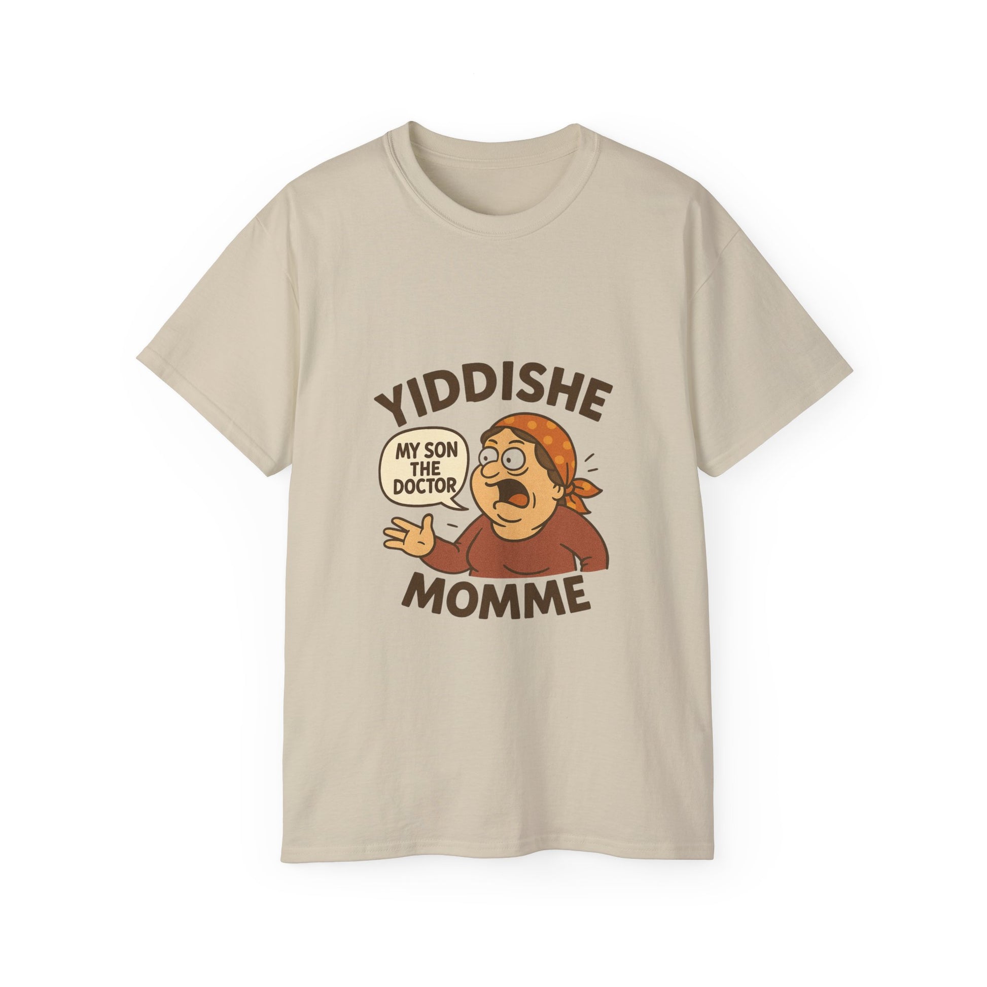 Cartoon Yiddishe mom yelling “My son the doctor” with hand gesture