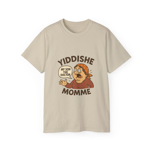 Cartoon Yiddishe mom yelling “My son the doctor” with hand gesture