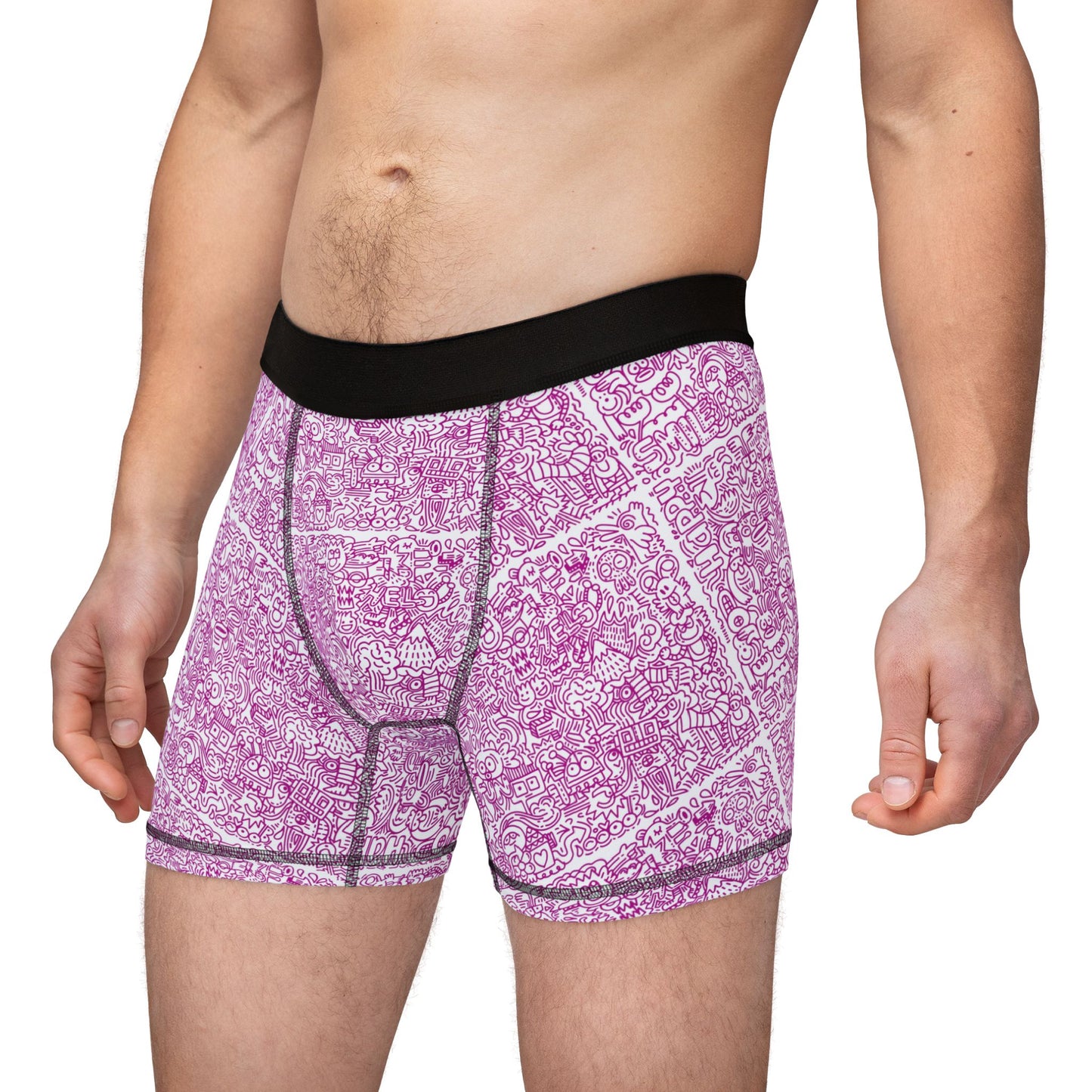 Male model front angle view wearing Doodle Men’s Boxers with black waistband and all-over scribble print