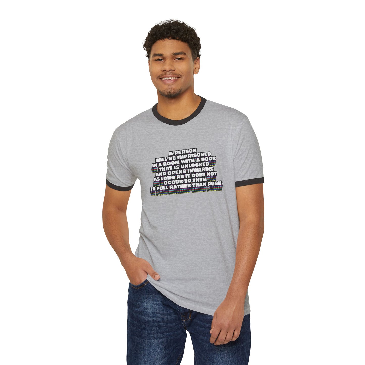Man wearing gray Clever Quote Unisex T-Shirt full body front view