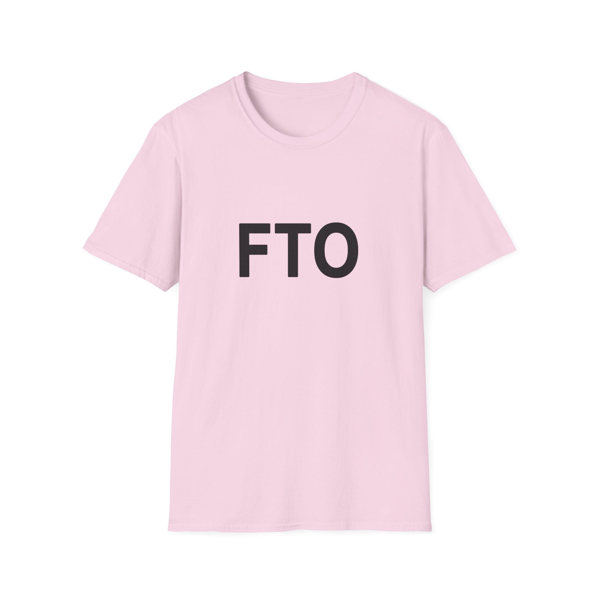 Pink t-shirt with 'FTO' text on a white background