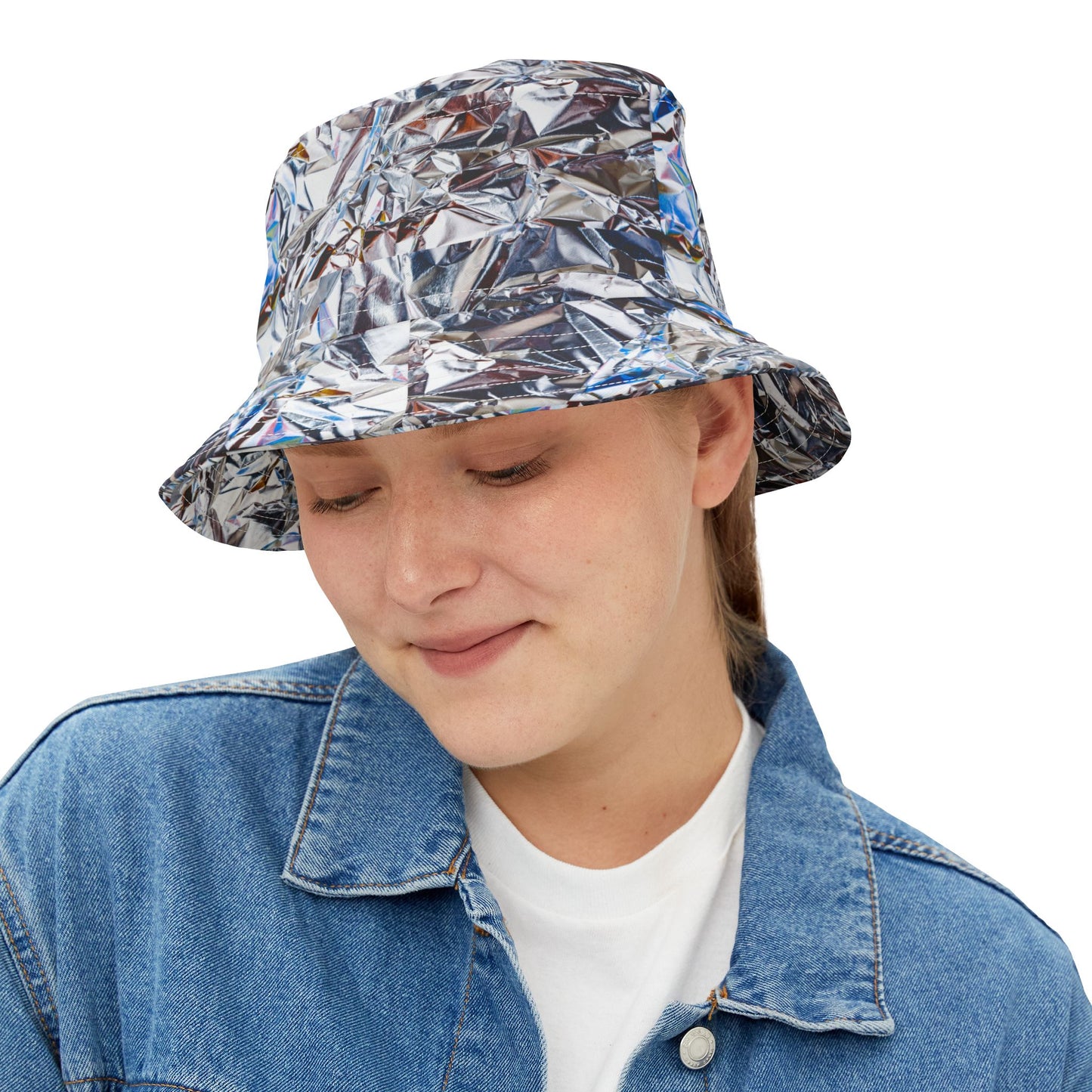 Woman wearing Tinfoil Bucket Hat with shiny crinkled foil pattern, smiling slightly