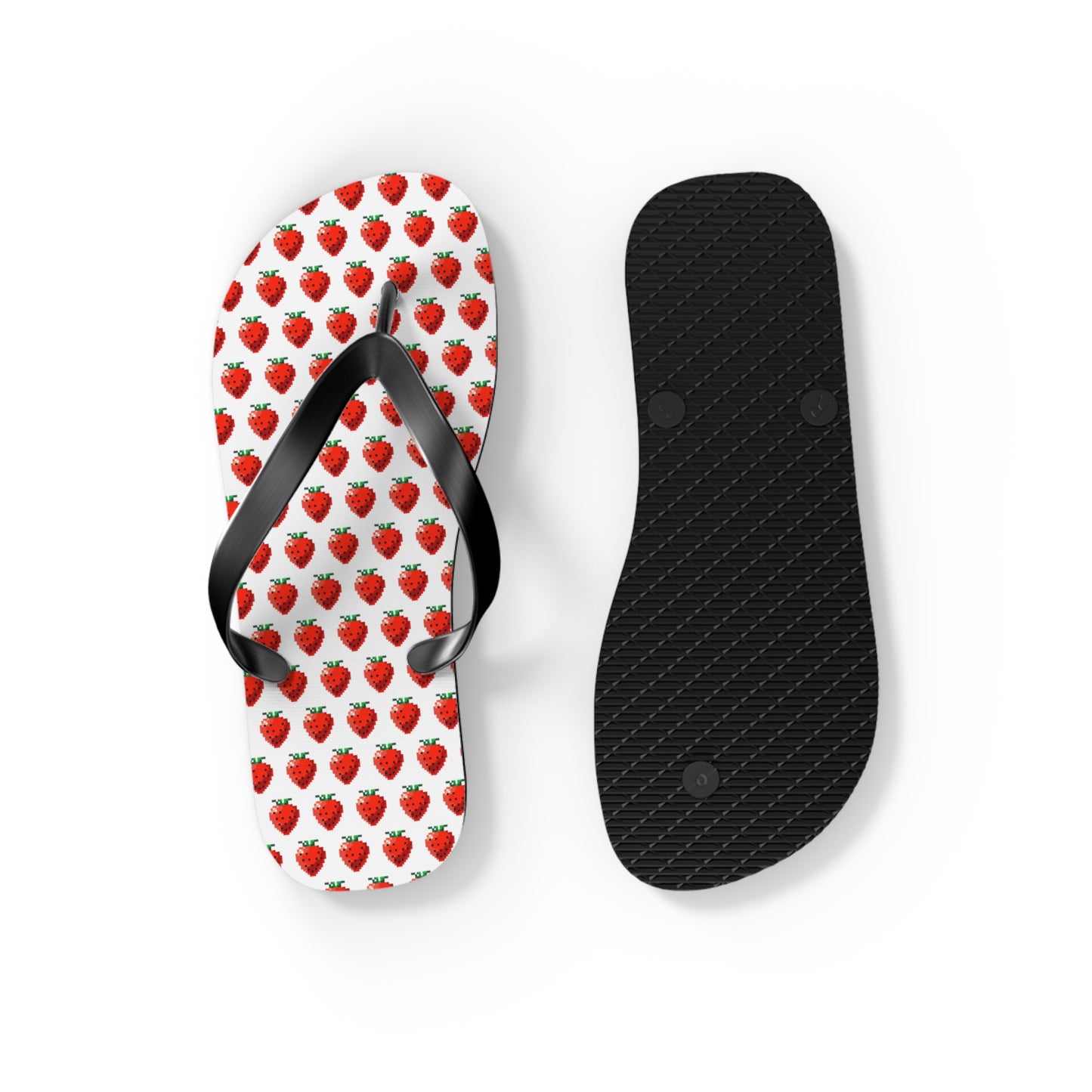 8-bit strawberry flip flops showing patterned footbed and black sole