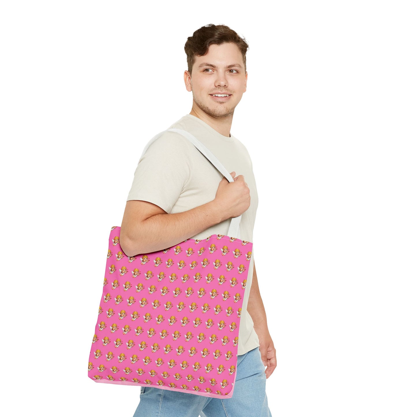 Cupid Tote Bag back view showing repeating heart pattern design