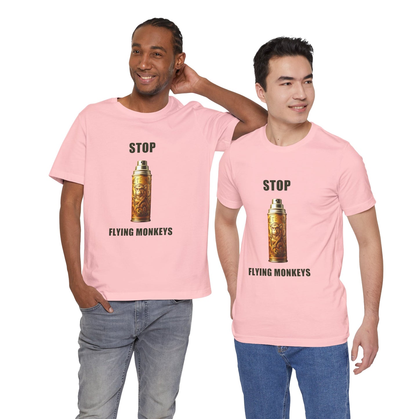 Two men wearing pink and white Stop Flying Monkeys T-Shirt Alternate Version together