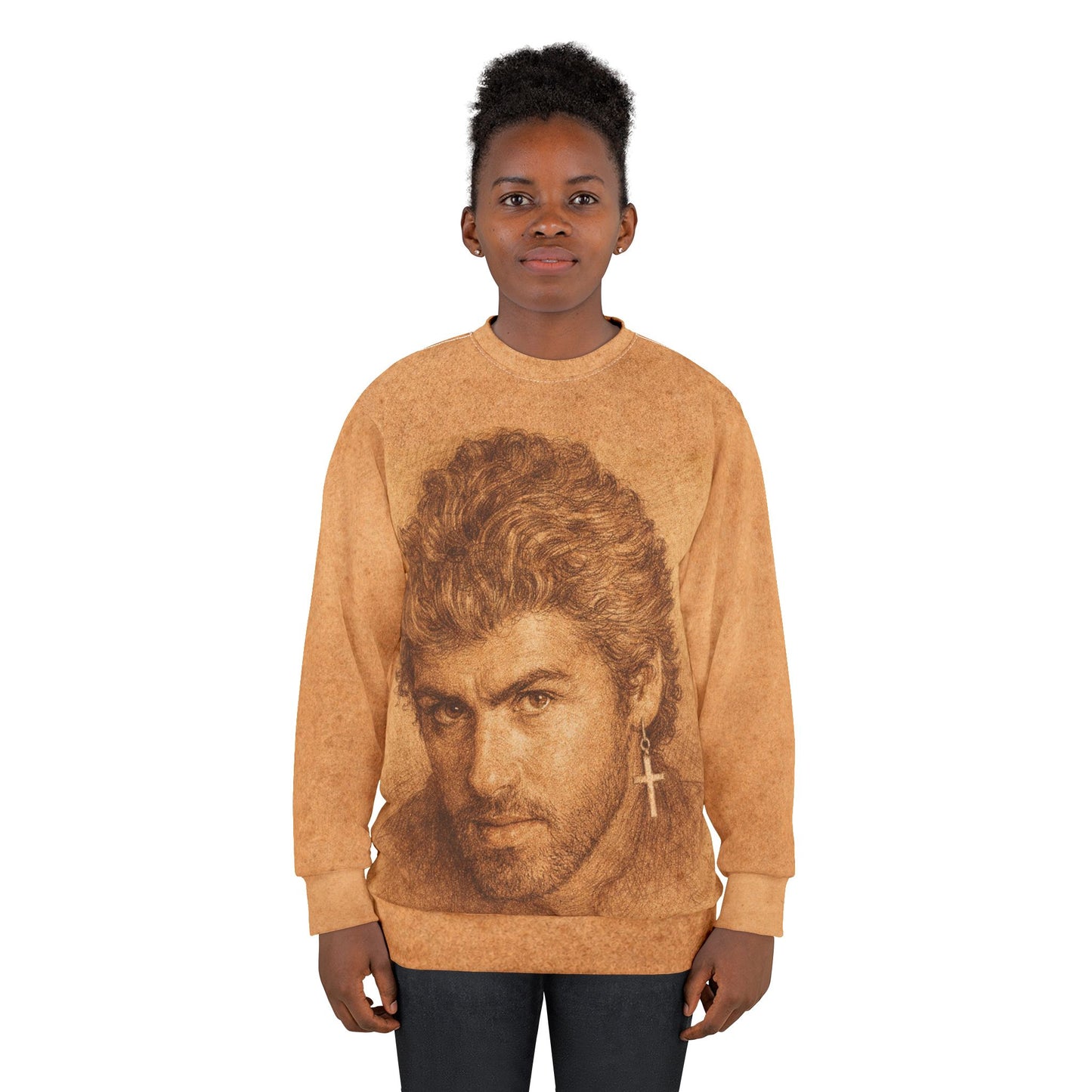 Female model wearing George Michael portrait unisex sweatshirt against white background