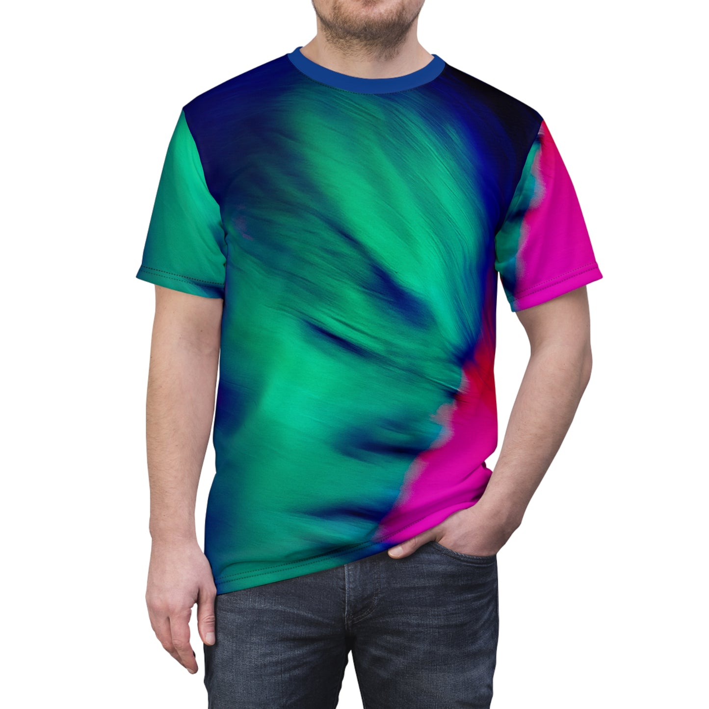 Male model wearing Acid Dream Unisex T-shirt with bold neon acid print on the front
