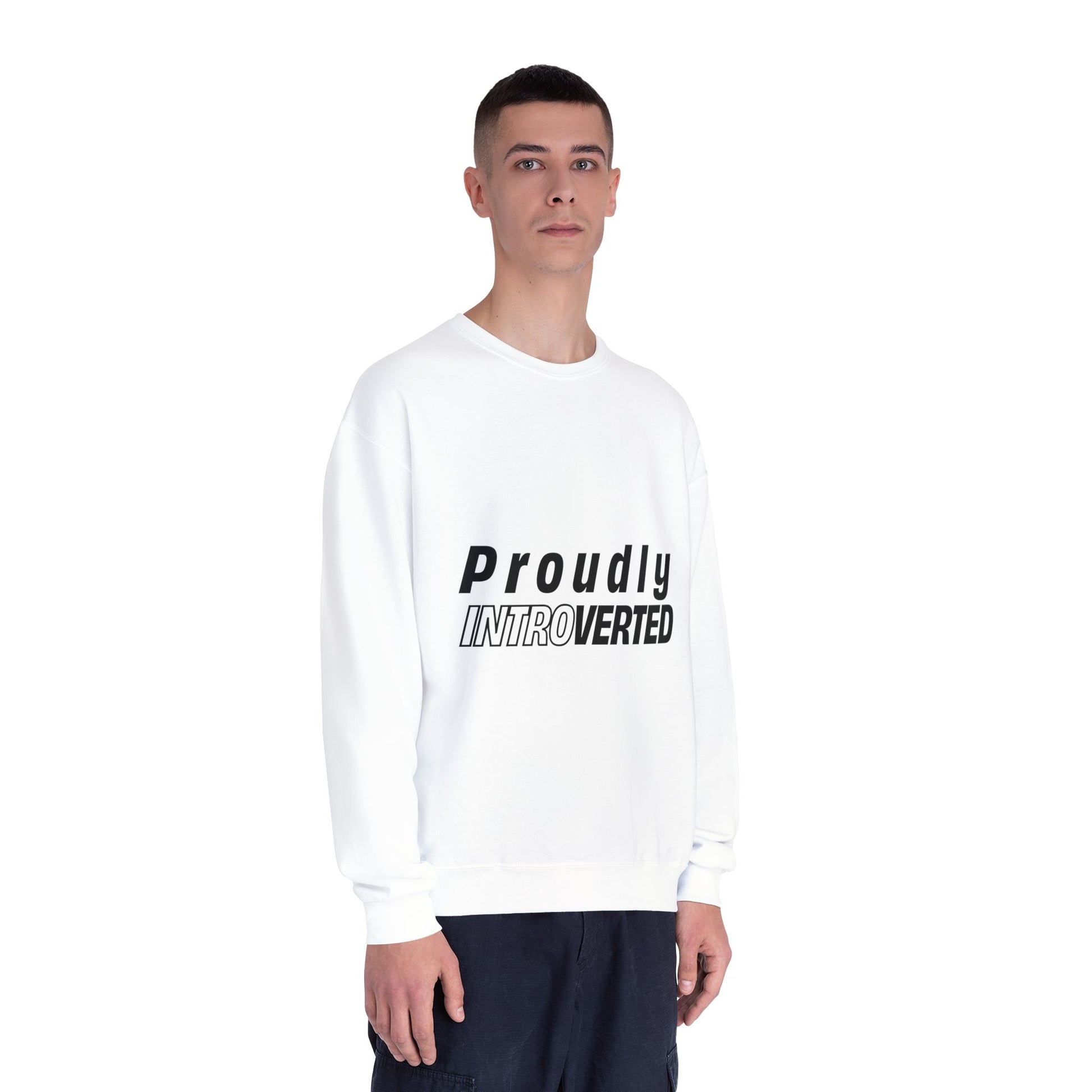 Male model wearing Proudly Introverted Sweatshirt in white, hands at sides