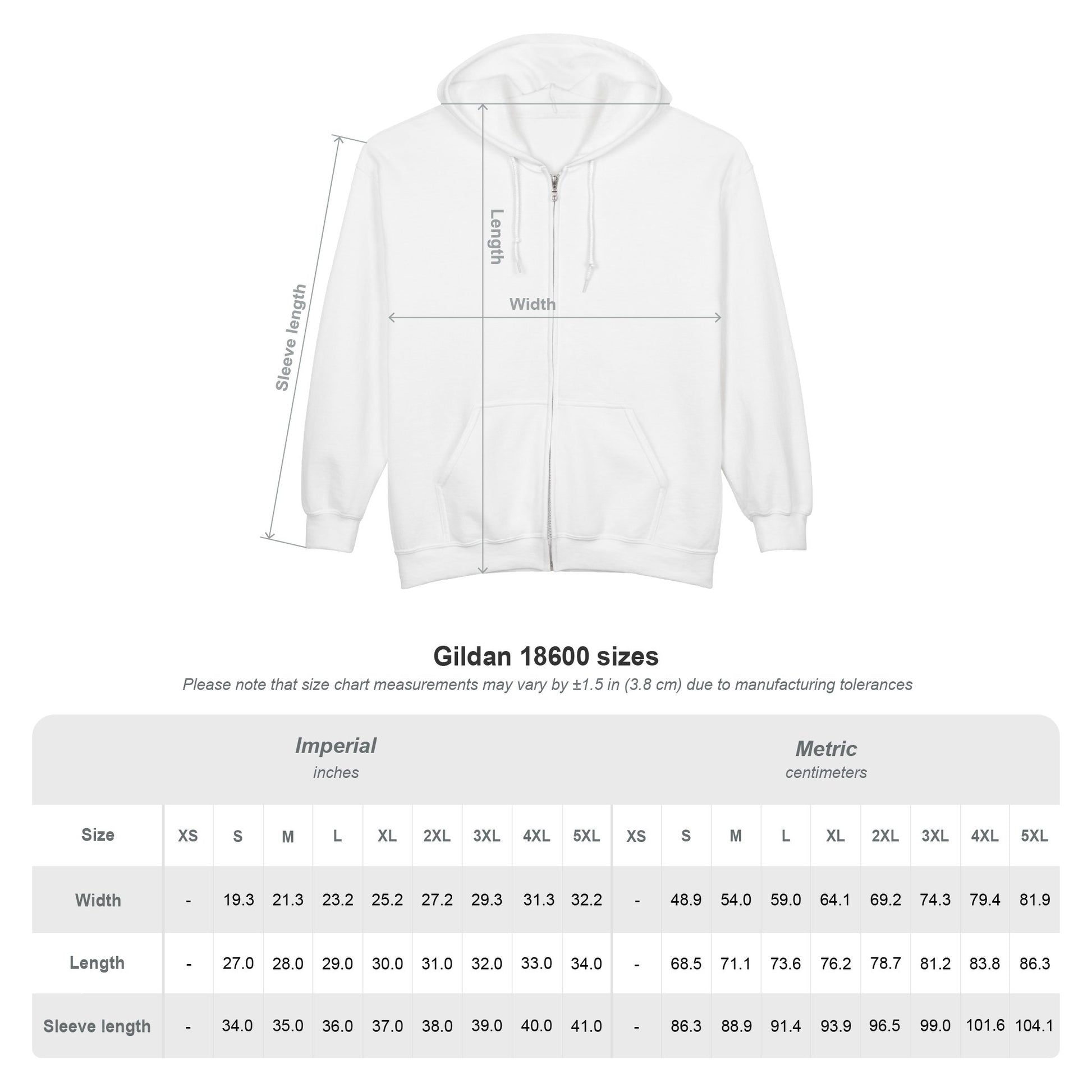 White Pixel Mouse Zip Hoodie size chart with garment measurements.