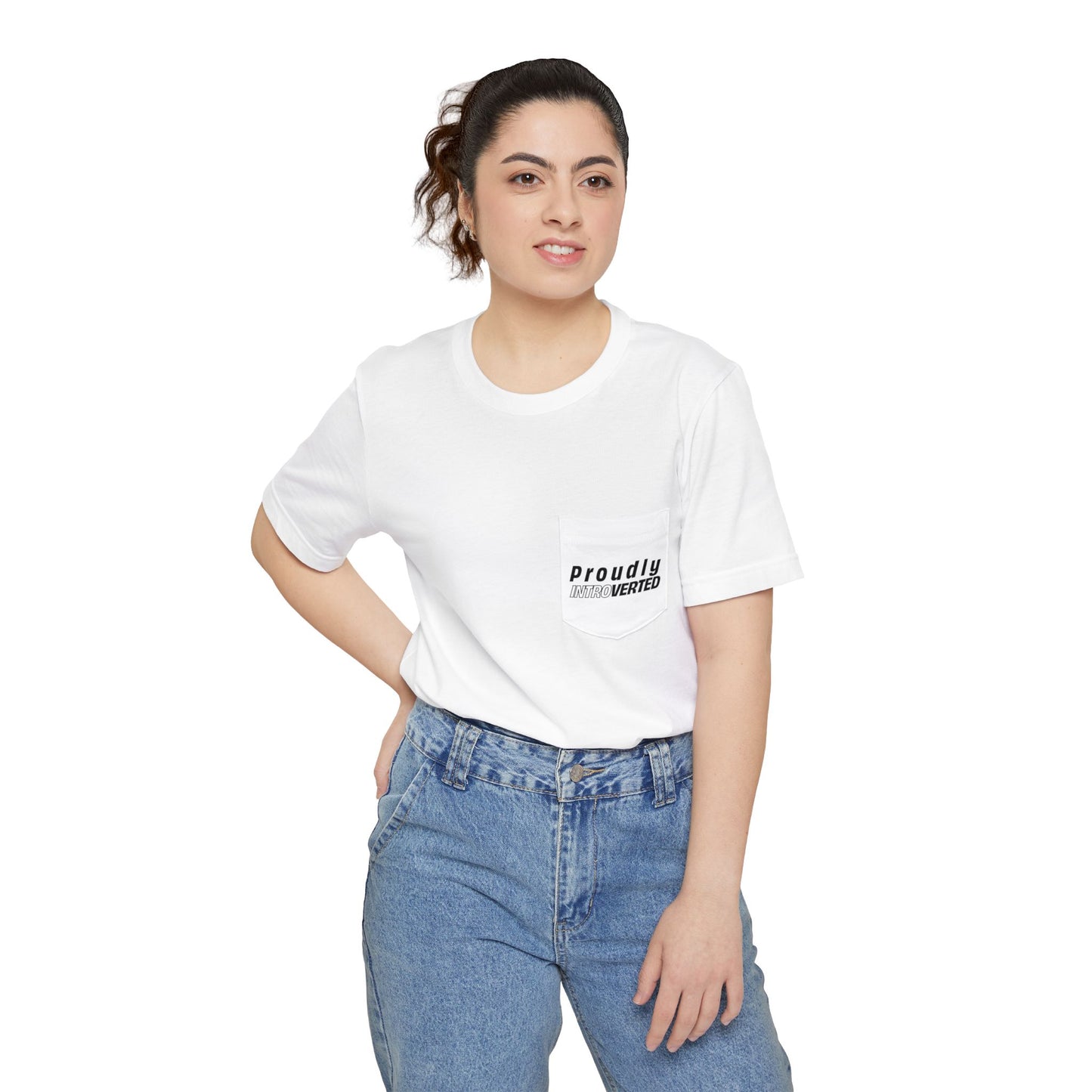 Woman standing hands in pockets wearing Proudly Introverted Pocket T-Shirt
