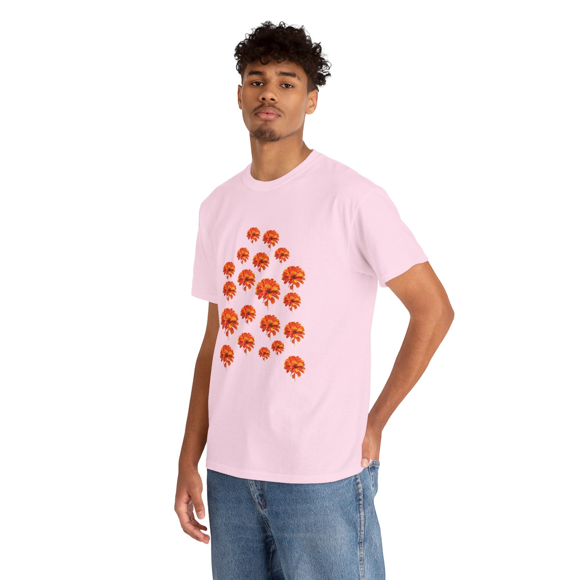 Man wearing pink Zinnia T-Shirt with orange flower design front view