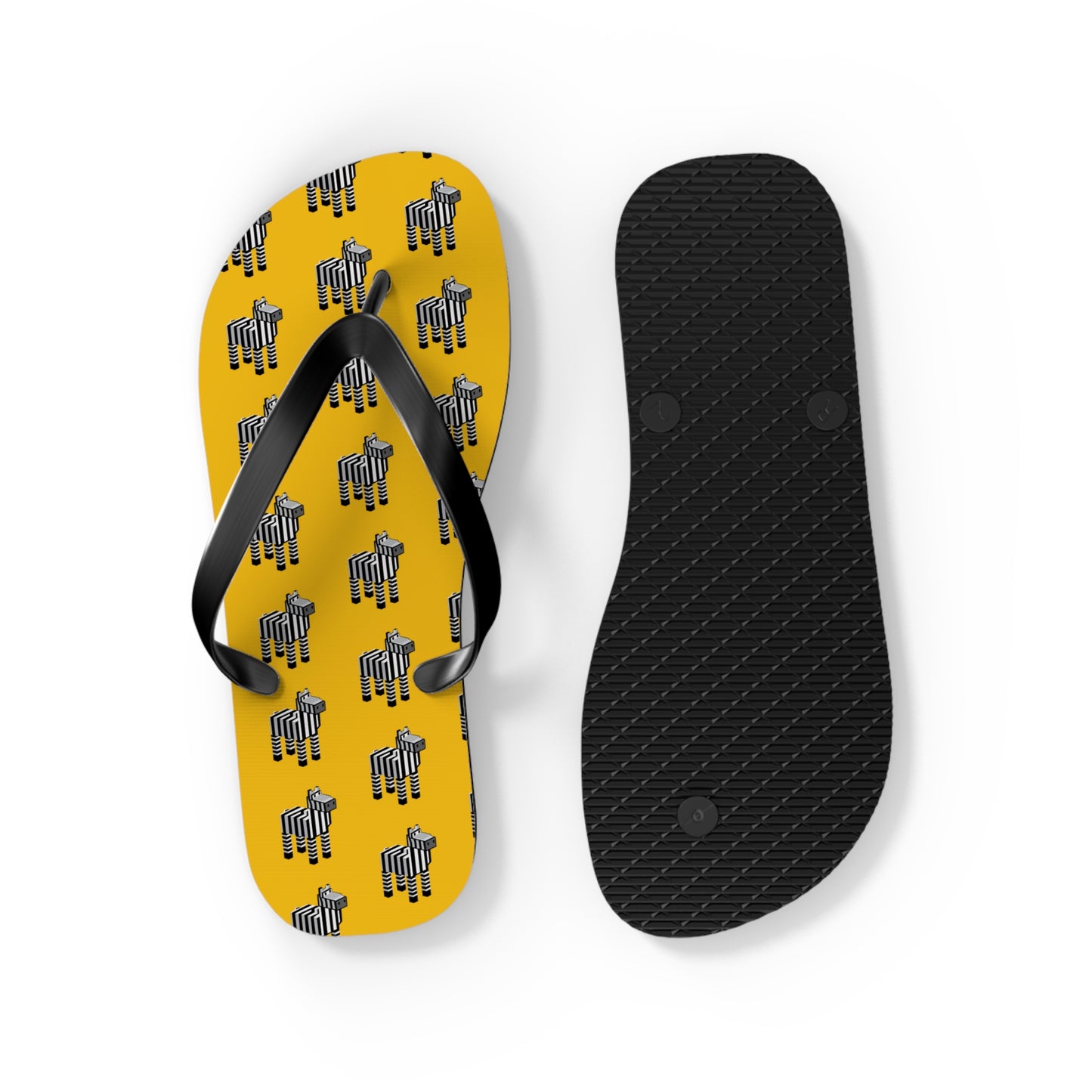 Arcade Zebra Flip Flops with yellow patterned top and black textured sole displayed side by side.