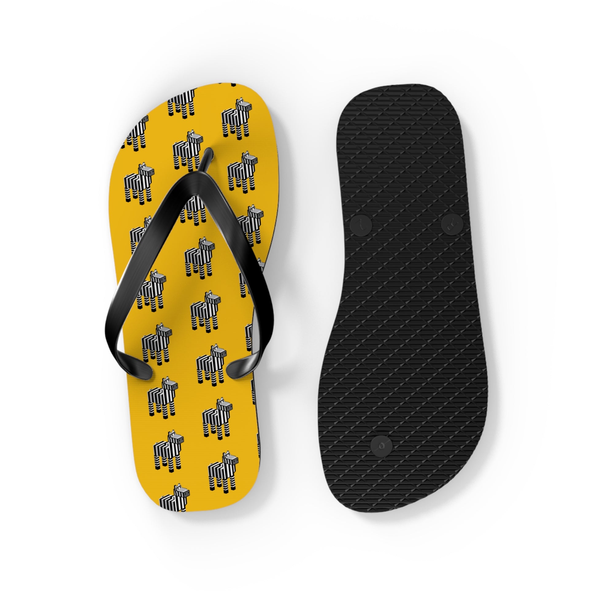 Arcade Zebra Flip Flops with yellow patterned top and black textured sole displayed side by side.