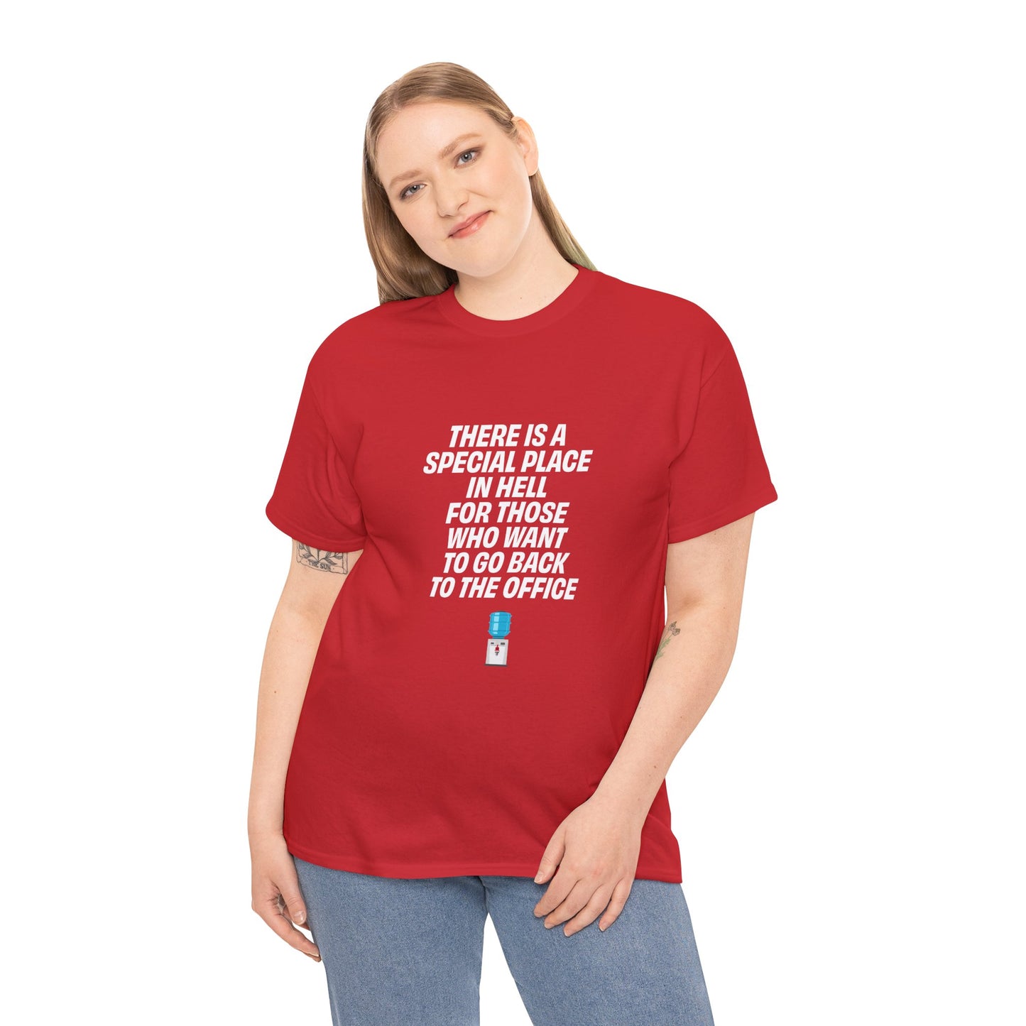 Person wearing a red t-shirt with a humorous office quote on a white background