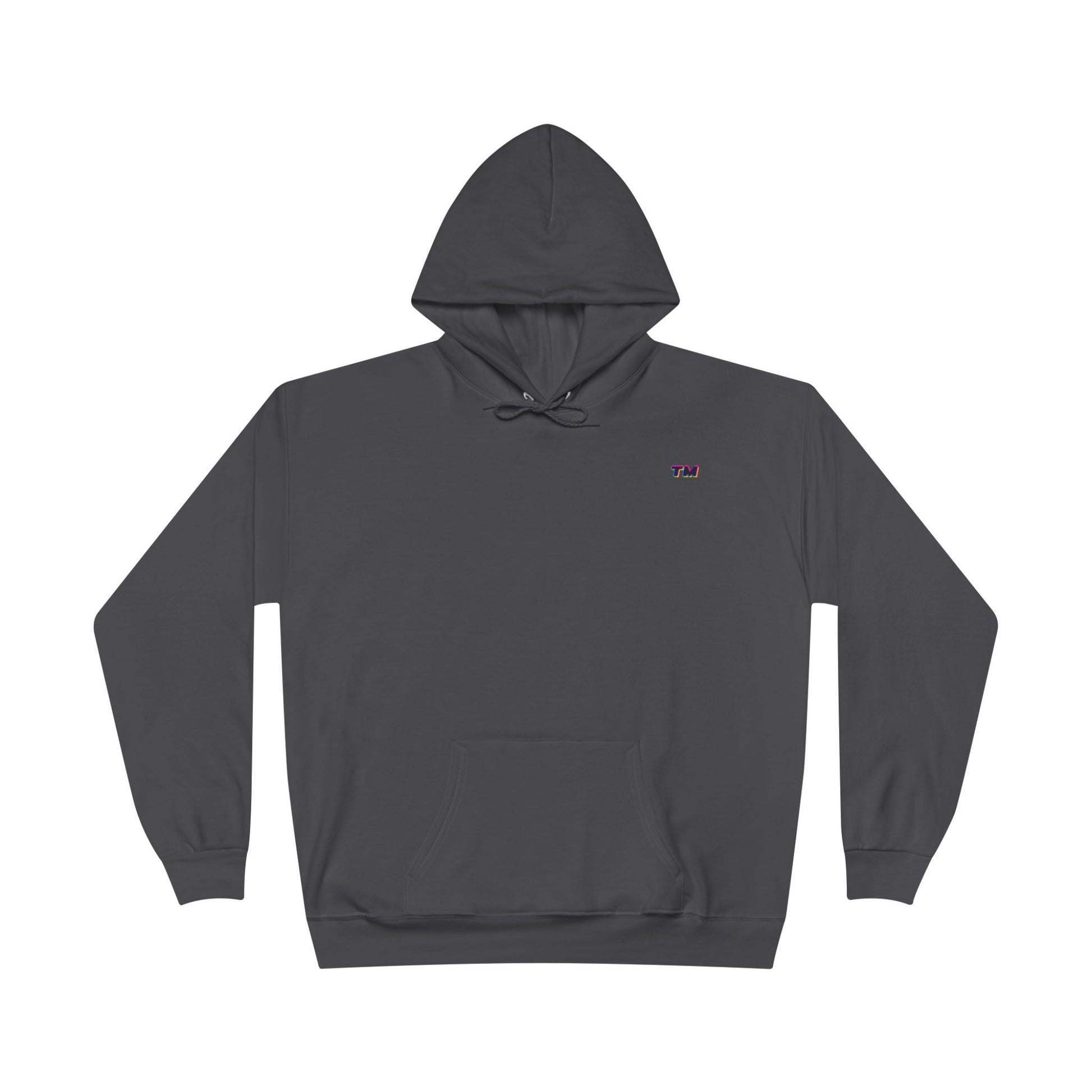 Flat lay of charcoal EcoSmart hoodie with small embroidered TM logo on chest.