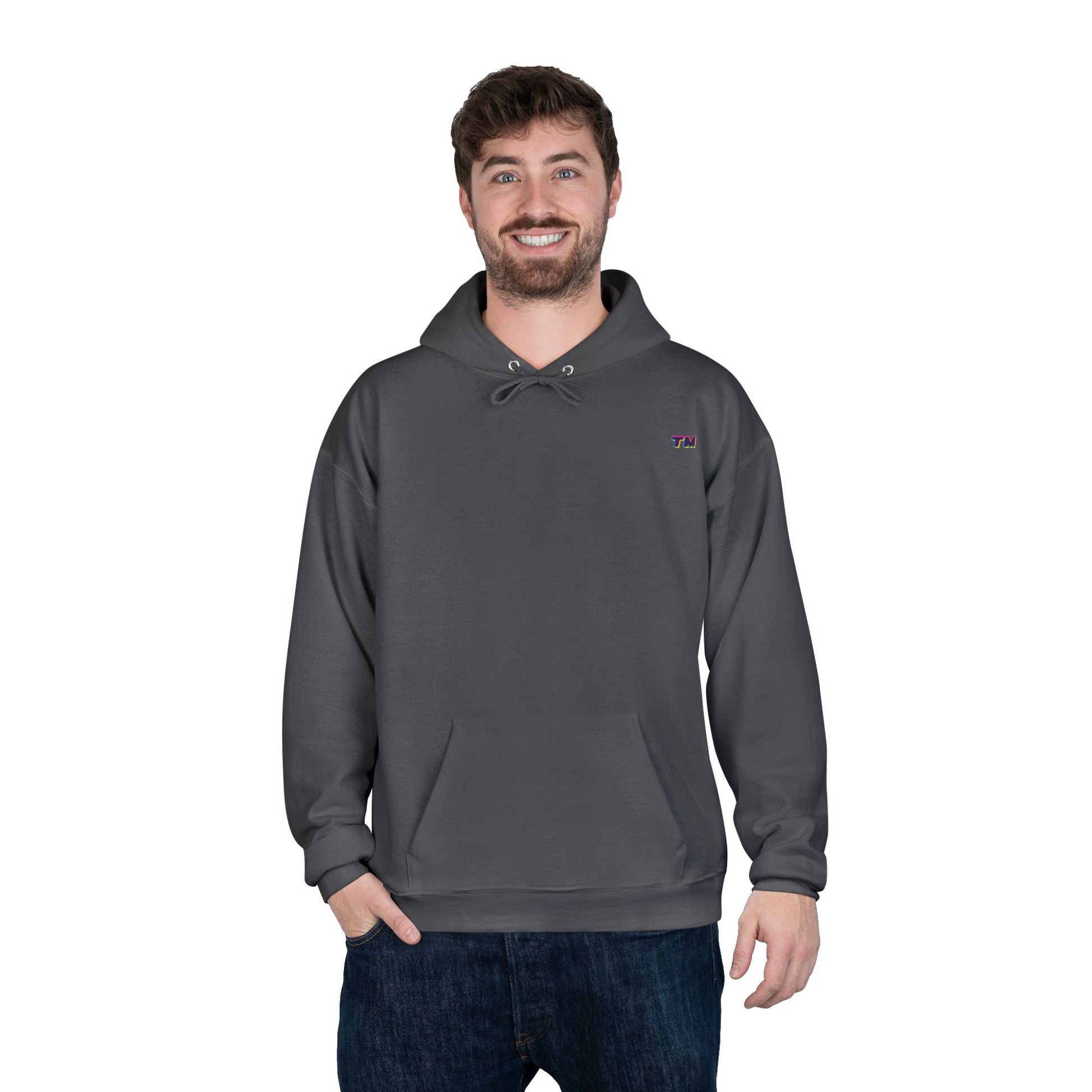 Man wearing charcoal EcoSmart hoodie with hands at sides.