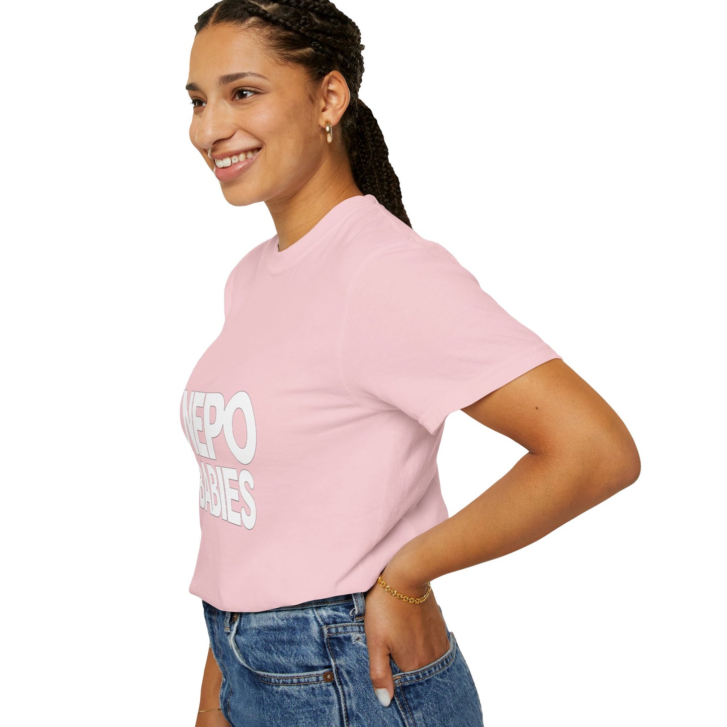 Woman smiling wearing Nepo Babies typography t shirt casual fashion