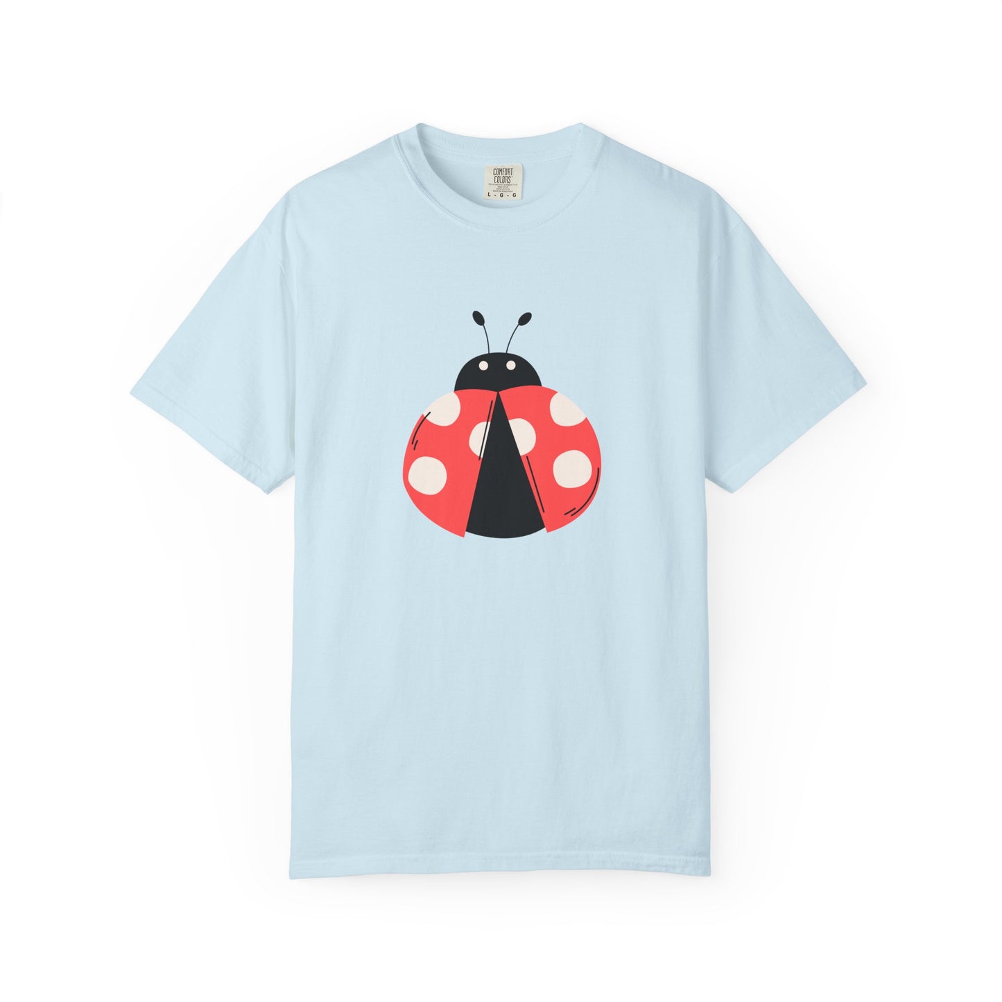 Light blue Lady Bug T-Shirt with bold red and black lady bug graphic on front.