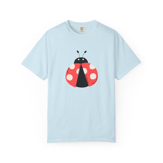 Light blue Lady Bug T-Shirt with bold red and black lady bug graphic on front.